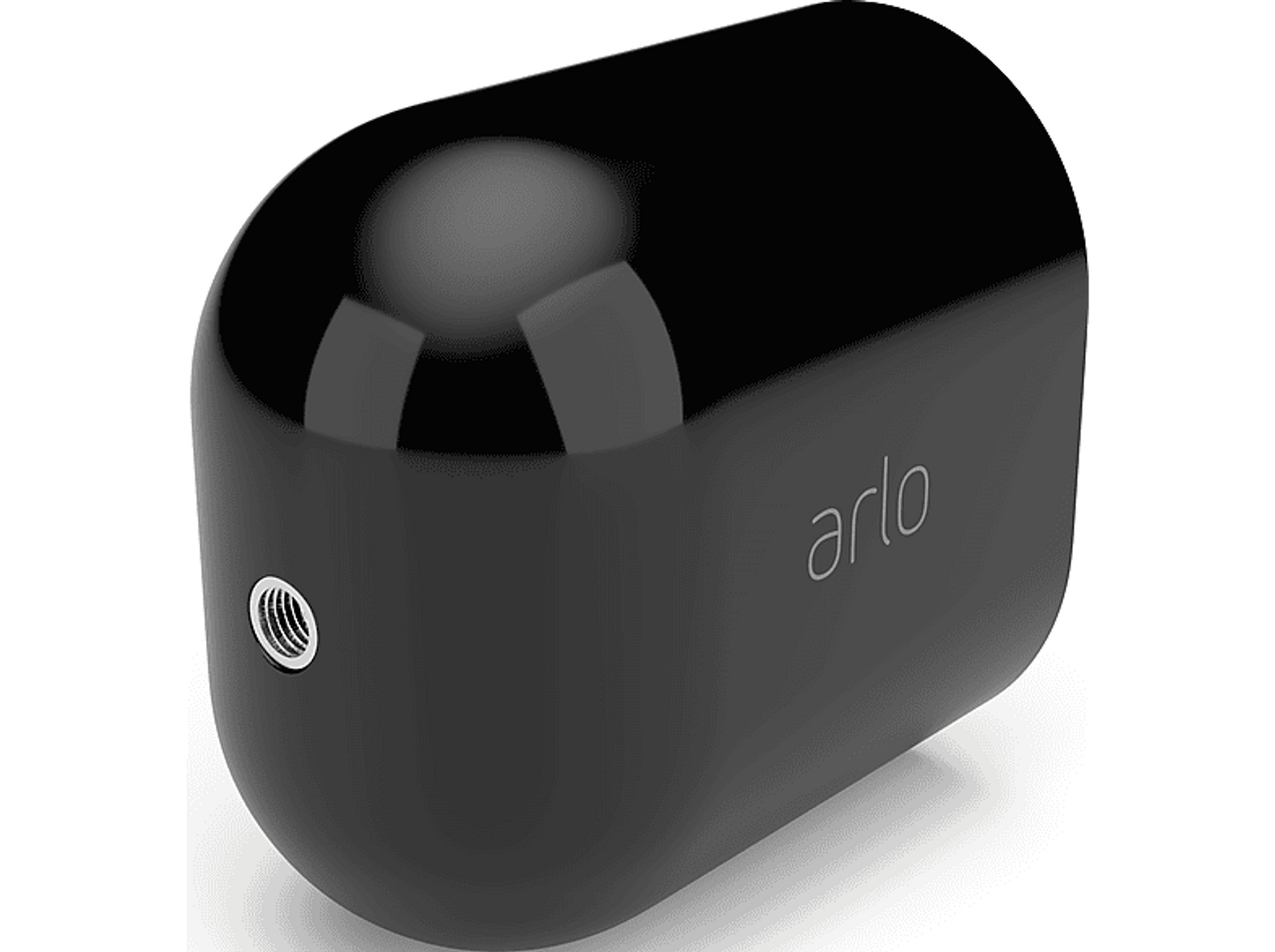 Czarne, owalne urządzenie z logo 'arlo'. Metalowy port z boku.
