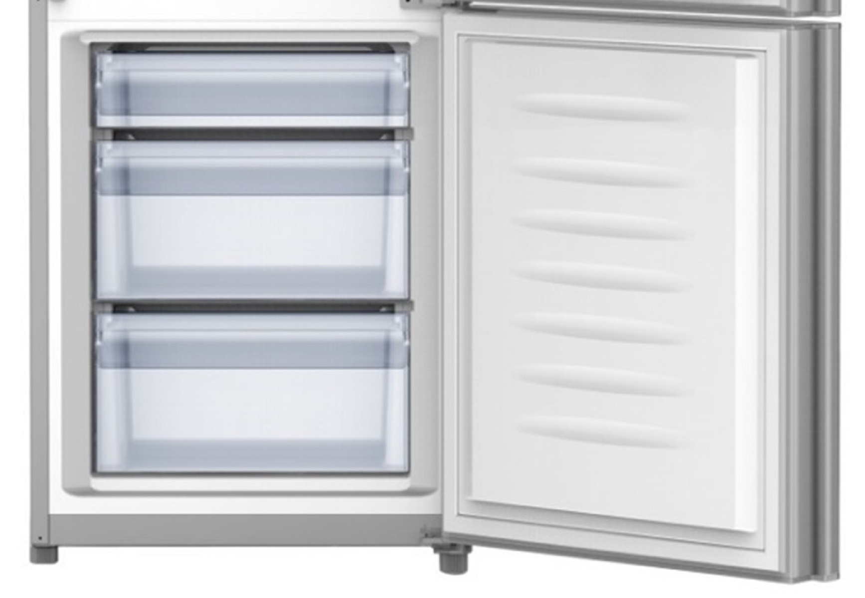 Gefrierfach mit drei transparenten Schubladen geöffnet, in einem weißen Kühlschrank.