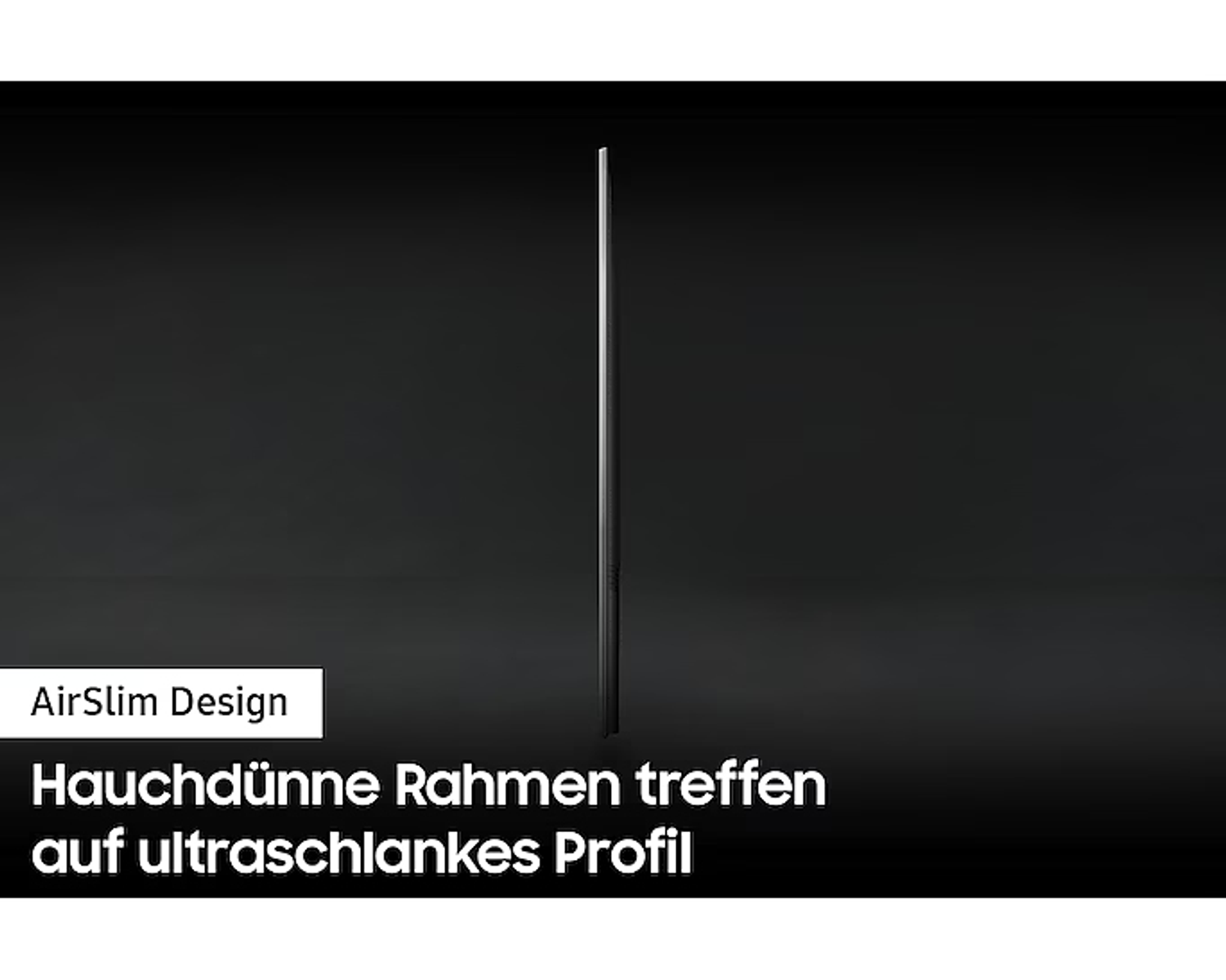 Widok z boku eleganckiego czarnego telewizora z tekstem 'AirSlim Design'.