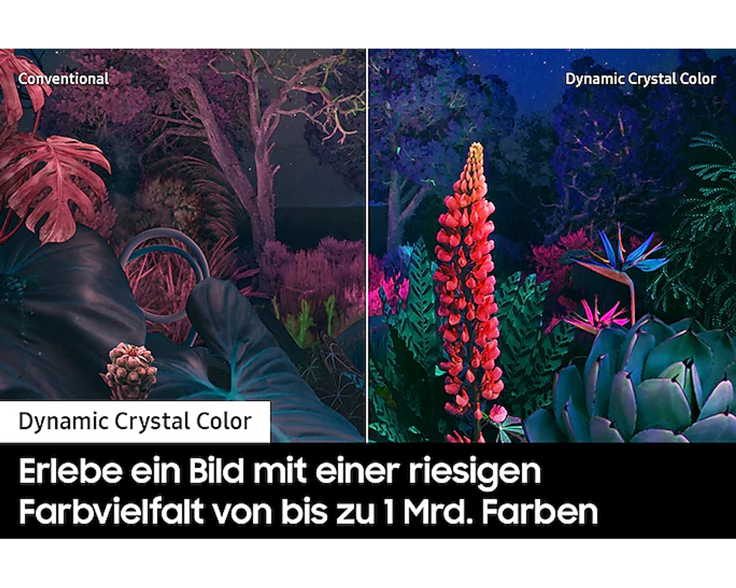 Obraz porównujący dwie sceny, jedną konwencjonalną, drugą z dynamicznym kolorem kryształowym, z tekstem.