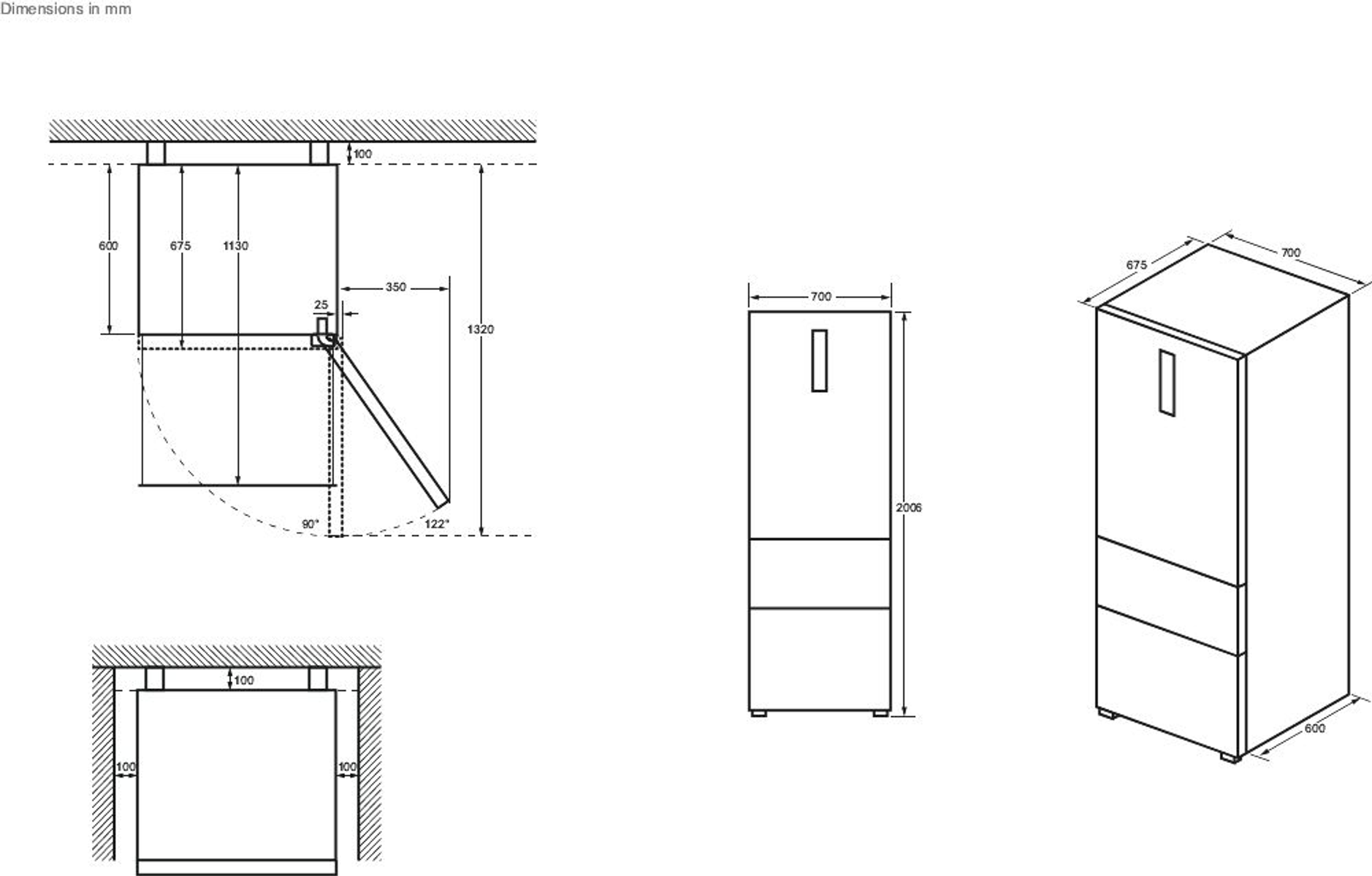 Dibujo técnico de un refrigerador, mostrando dimensiones y detalles del aparato.