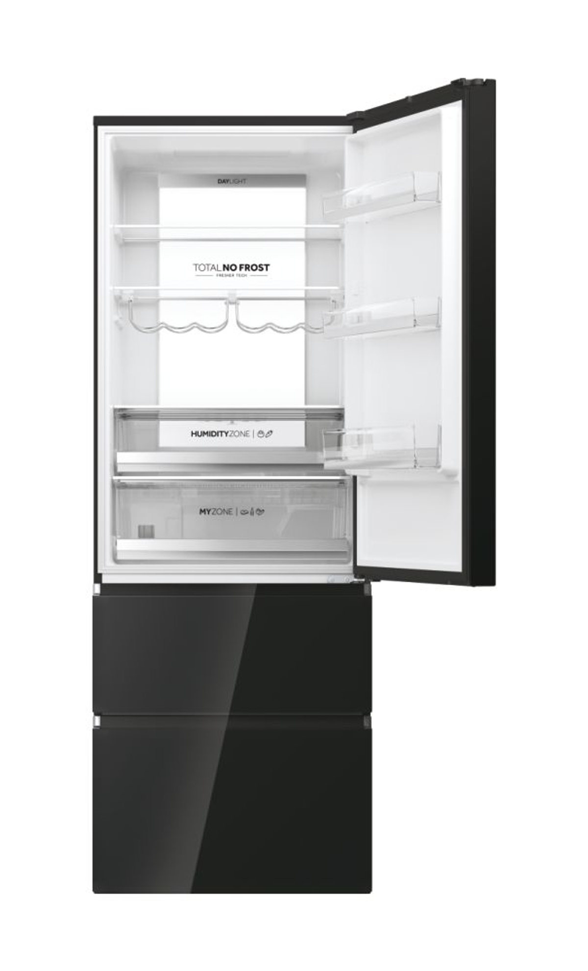 Un refrigerador con la puerta abierta, mostrando estantes, cajones y el diseño interior.