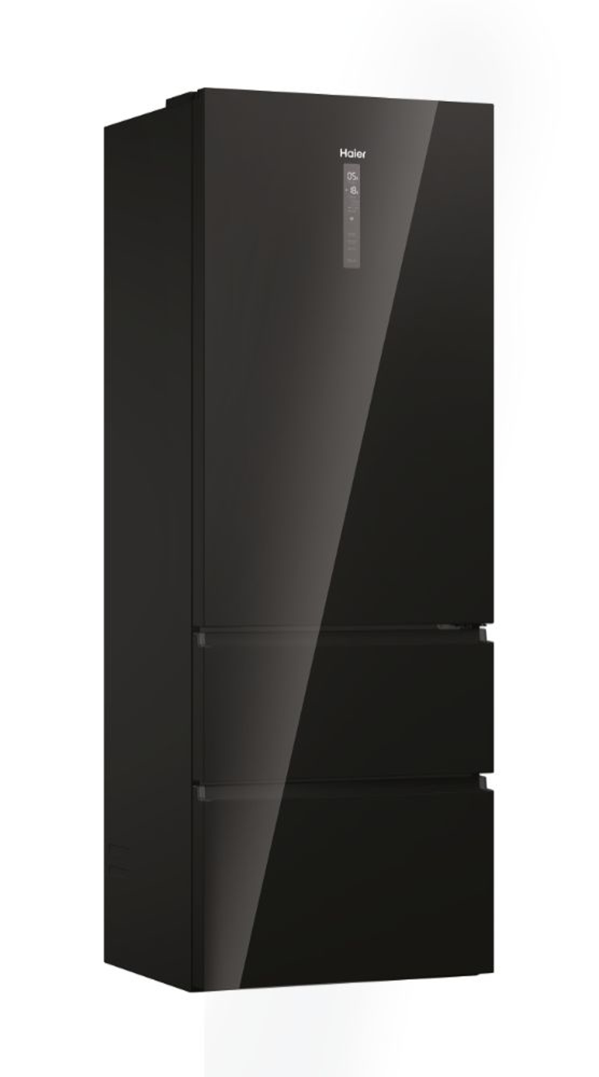 Refrigerador negro con dos cajones. El panel frontal es reflectante, mostrando el reflejo de la habitación.
