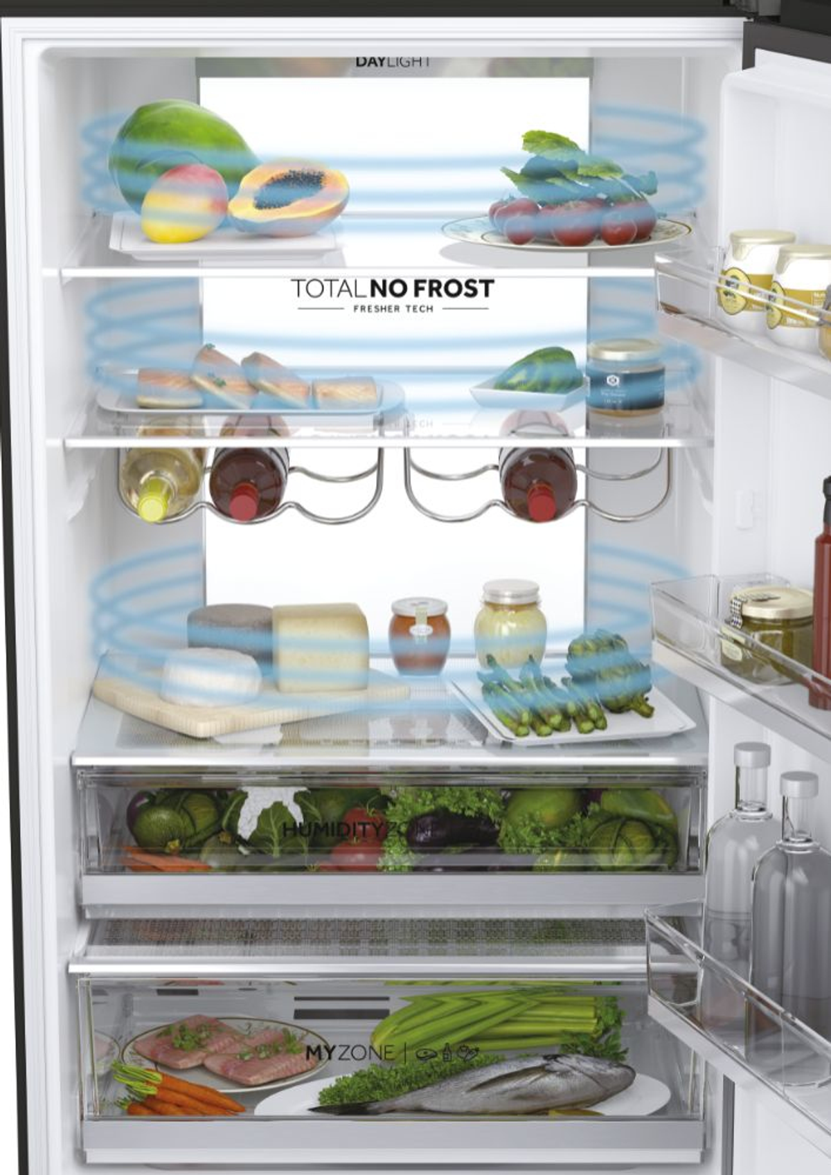 Interior de refrigerador con estantes, varios alimentos, circulación de aire azul, fondo blanco.