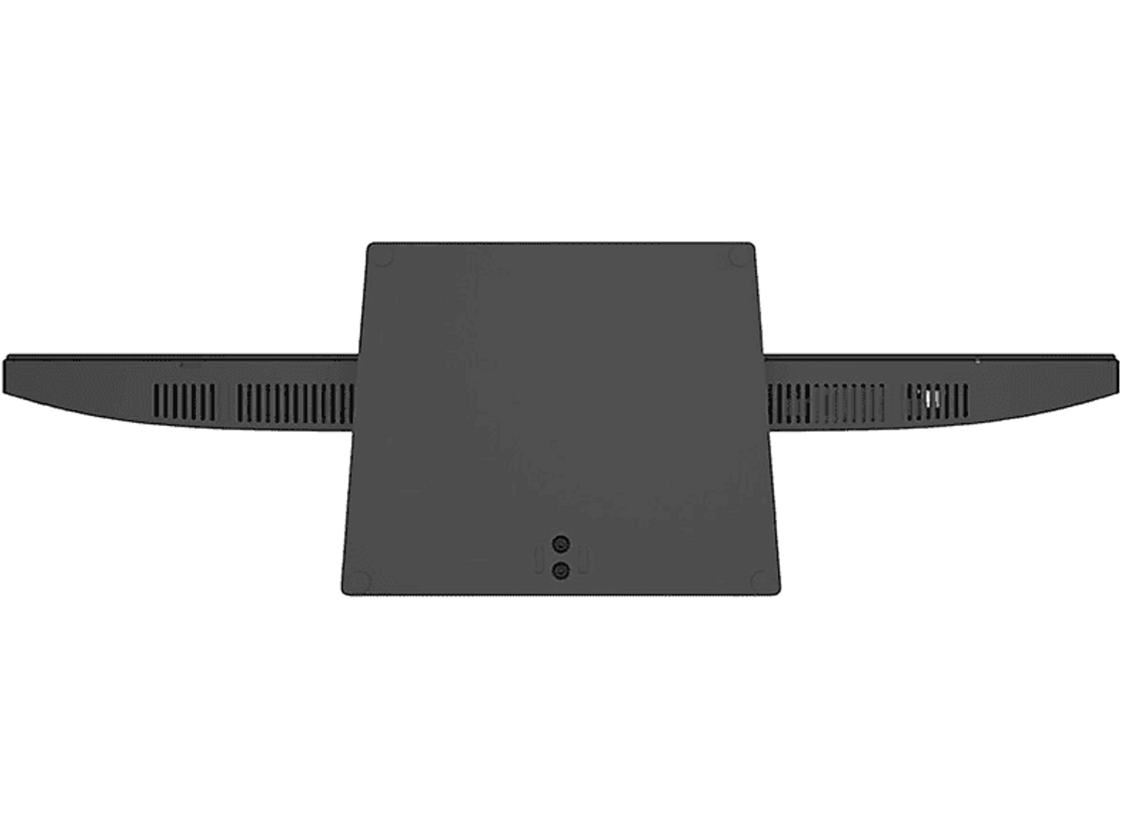 Vista superior de un monitor de computadora negro con ventilaciones y puertos.