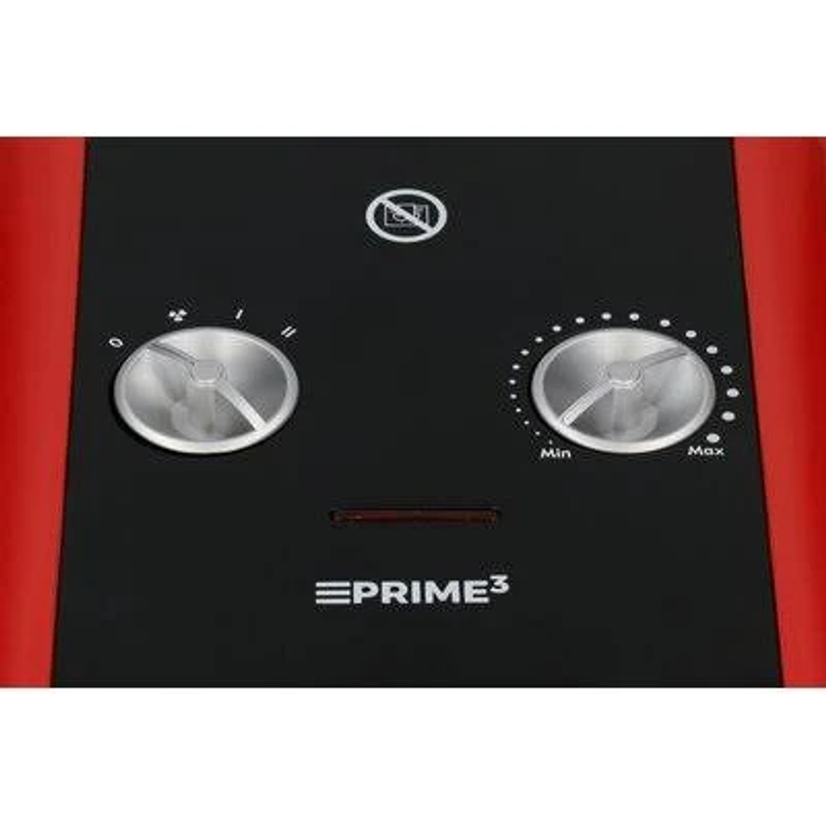 Zbliżenie czerwono-czarnego panelu sterowania urządzenia z pokrętłami.