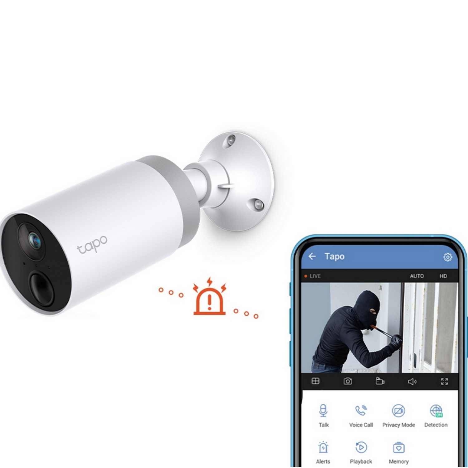 Kamera bezpieczeństwa pokazująca osobę w czarnej masce i telefon.