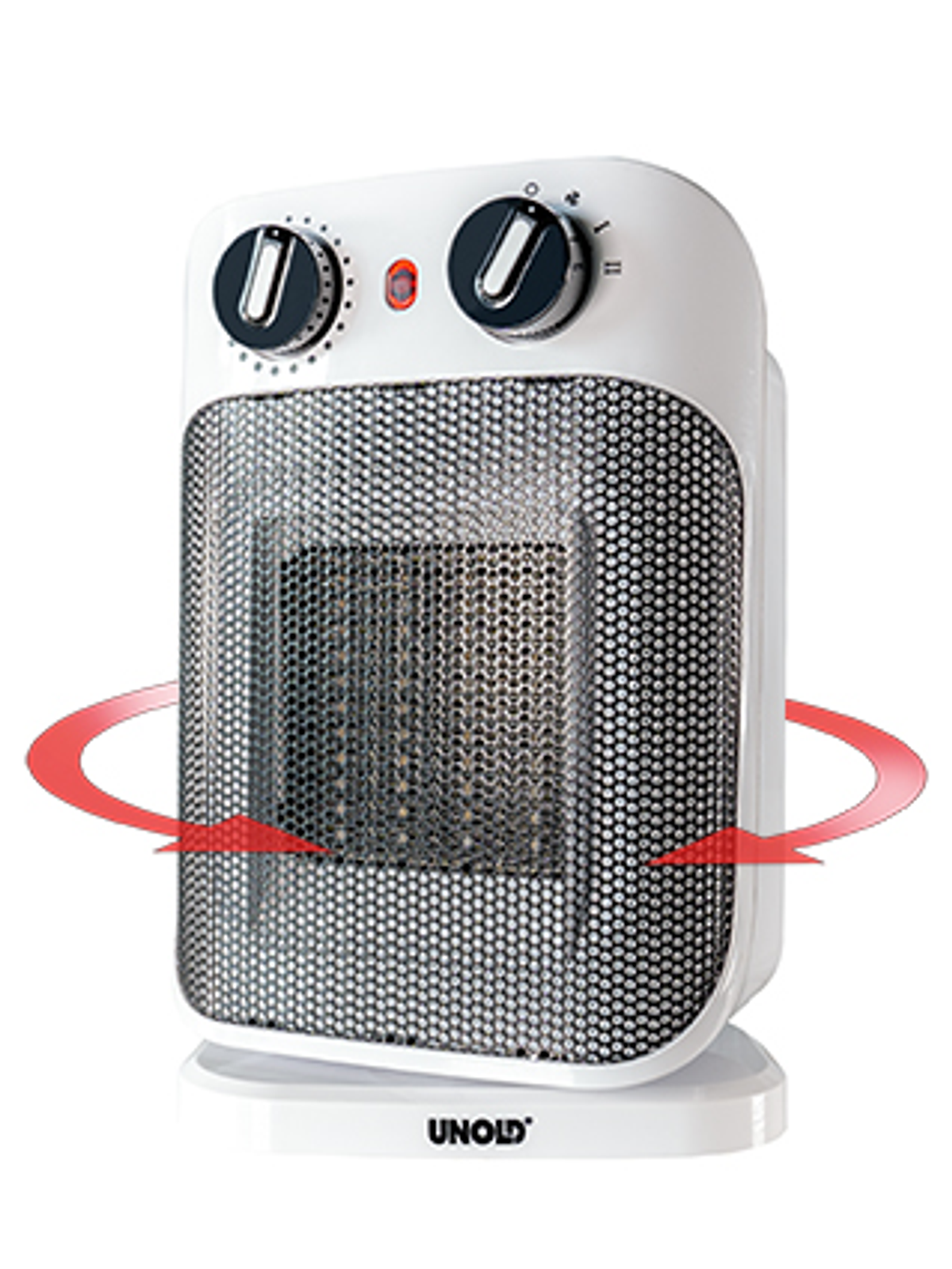 Termoventilatore bianco con griglia metallica e due quadranti. Le frecce indicano la direzione del calore.