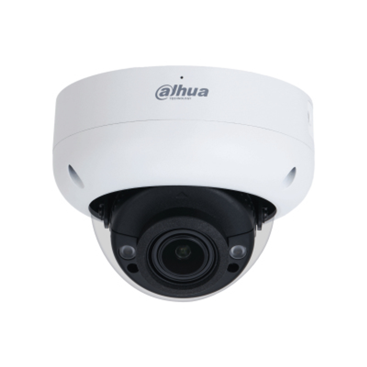 Una telecamera di sicurezza bianca con obiettivo nero, a forma di cupola, su sfondo bianco.