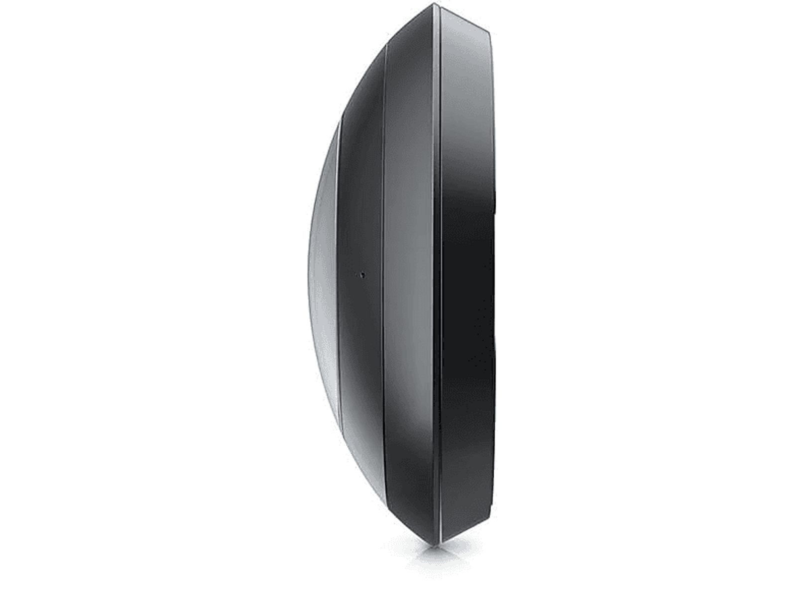 Widok z boku czarnego urządzenia z pionowymi liniami na powierzchni. Urządzenie jest na ciemnym tle.