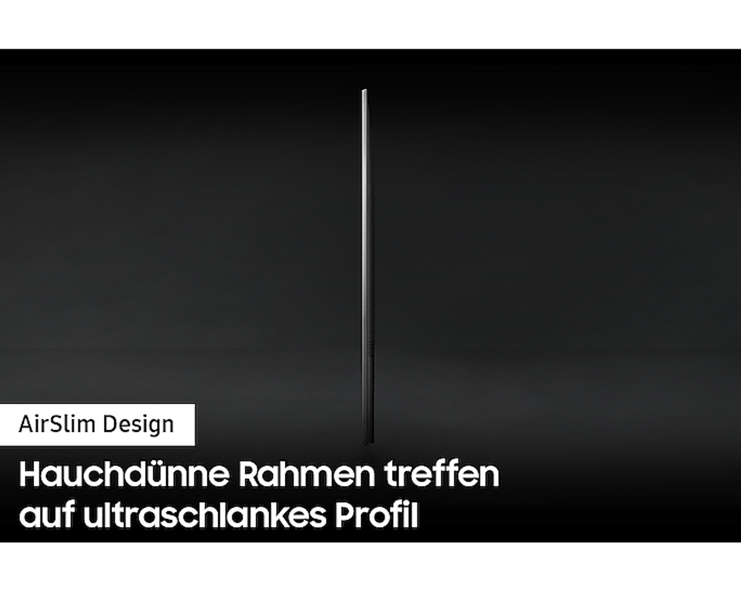 Czarny ekran telewizora z boku z cienką ramą i ultracienkim profilem.