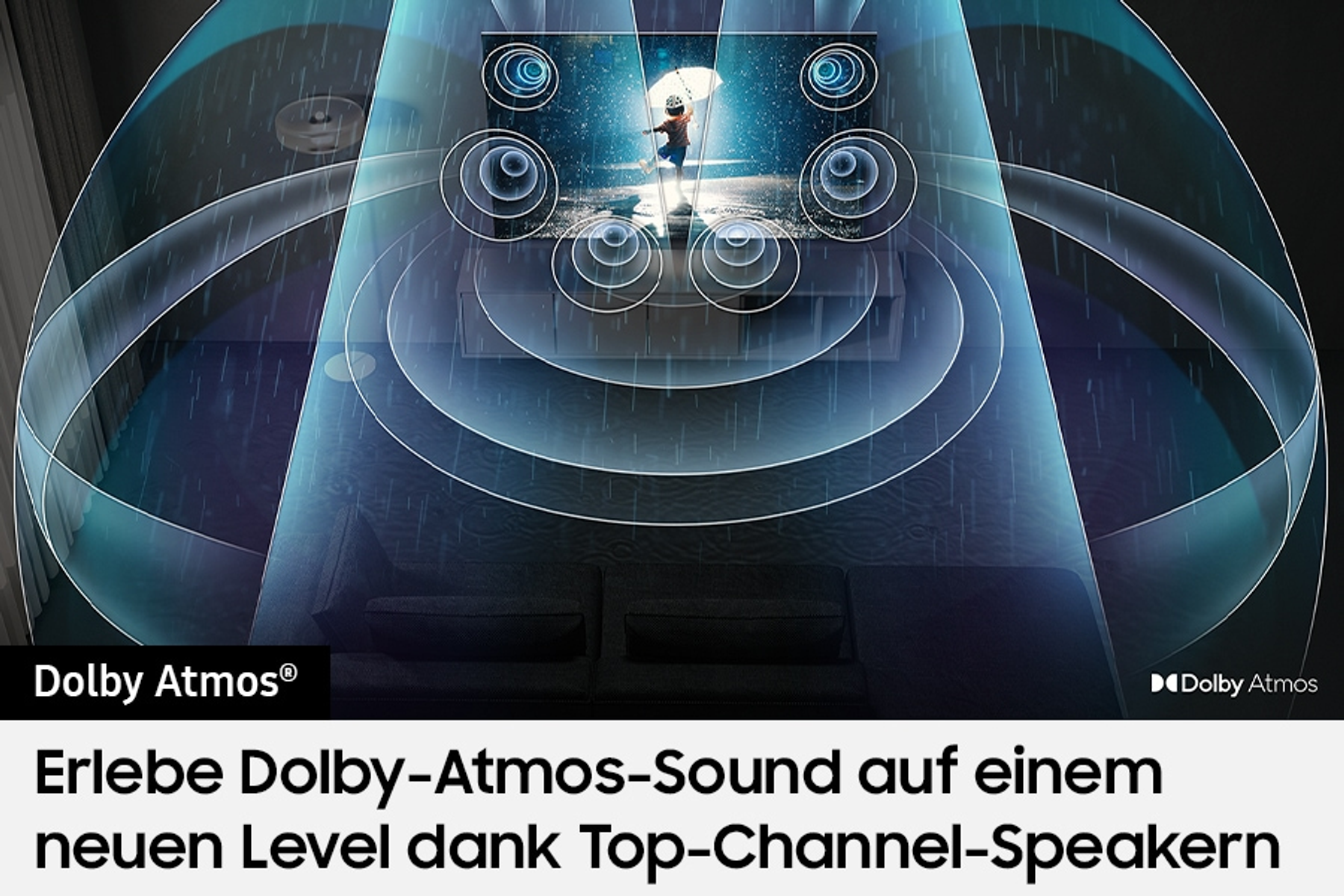 Telewizor pokazujący scenę z falami dźwiękowymi. Tekst: Dolby Atmos.