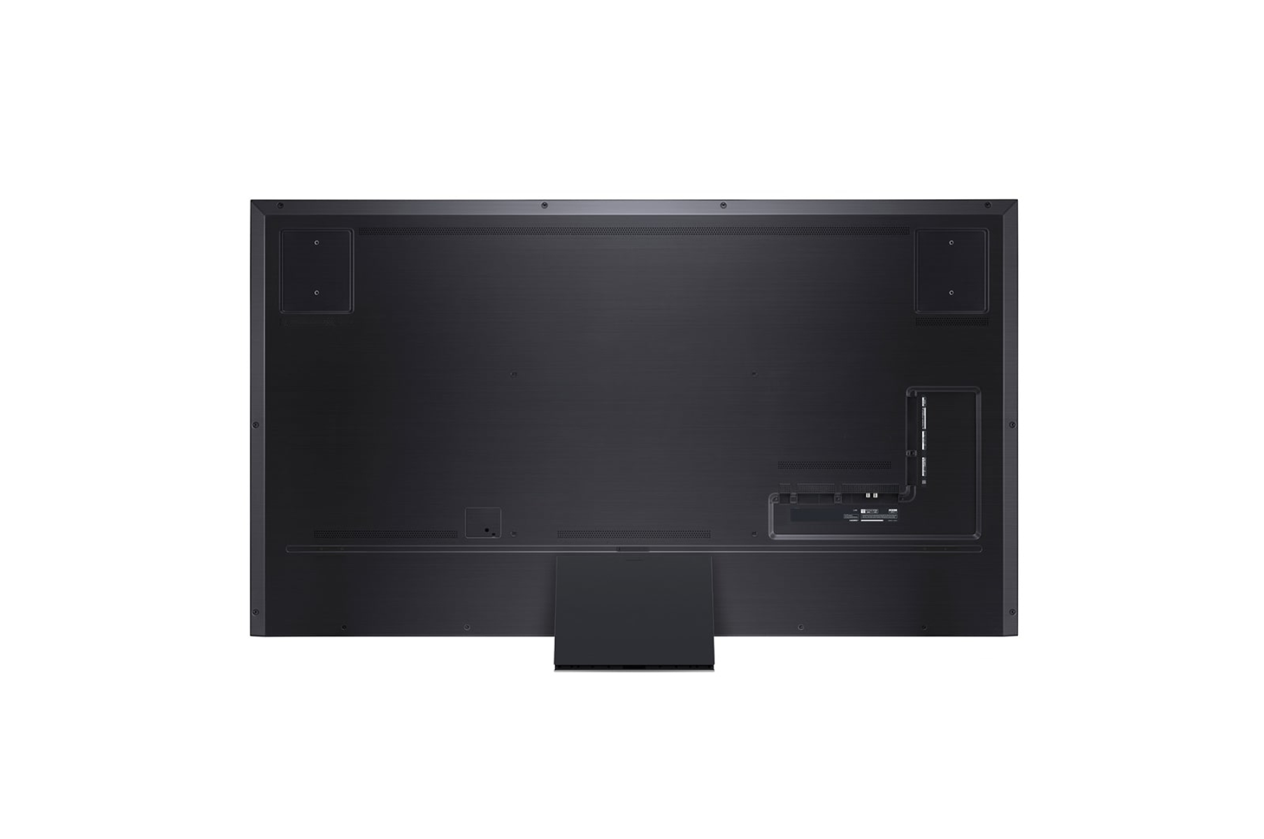 Rückseite eines großen schwarzen Fernsehers mit Anschlüssen, Verbindungen und einem Ständer.