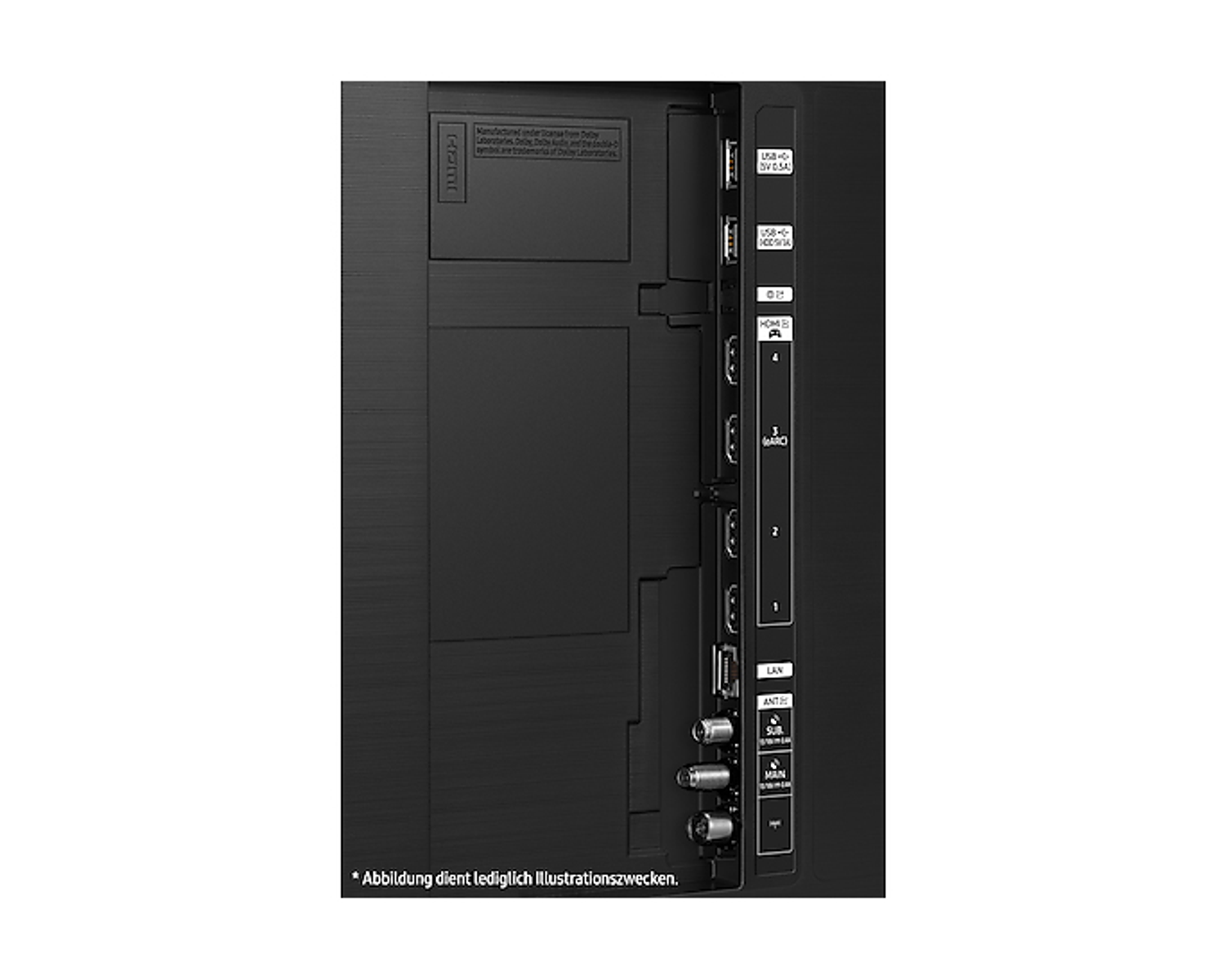 Tył czarnego telewizora z różnymi portami.