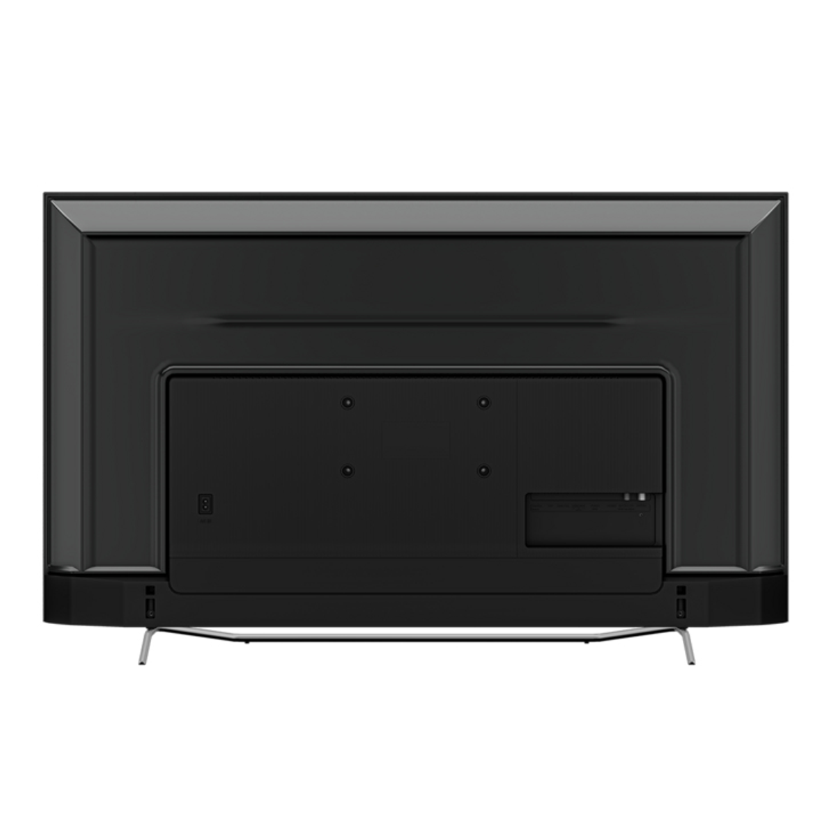 Vista trasera de un televisor negro, que muestra los puertos y el soporte.