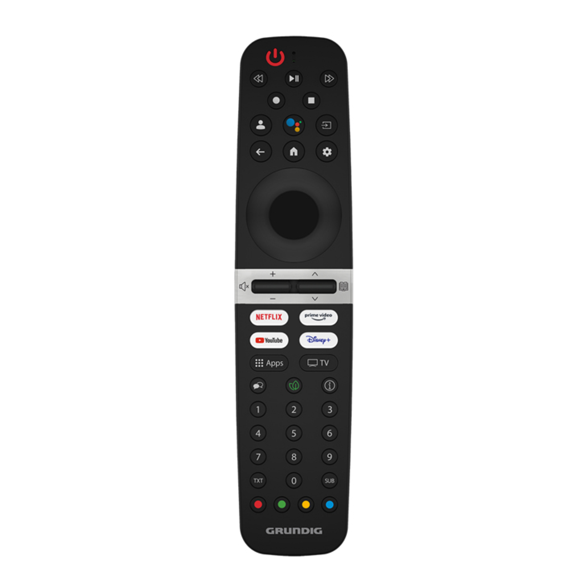 Mando a distancia negro con muchos botones, incluyendo encendido, volumen y accesos directos a apps.