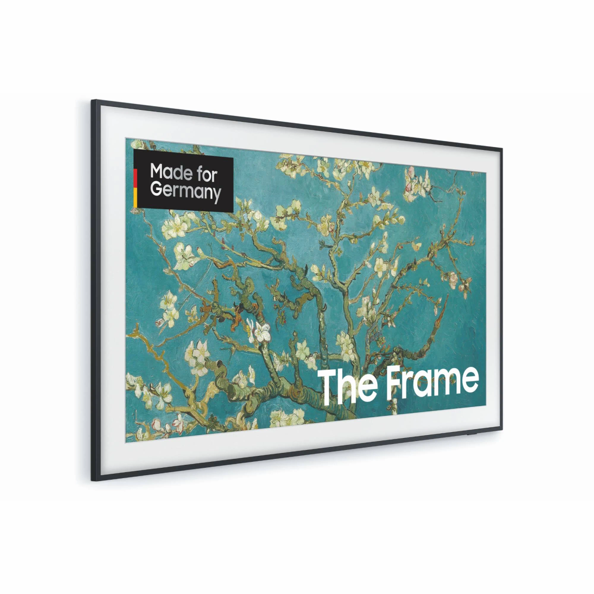 Duży telewizor w czarnej ramie wyświetlający obraz kwiatów migdałowca, oznaczony jako 'The Frame'.