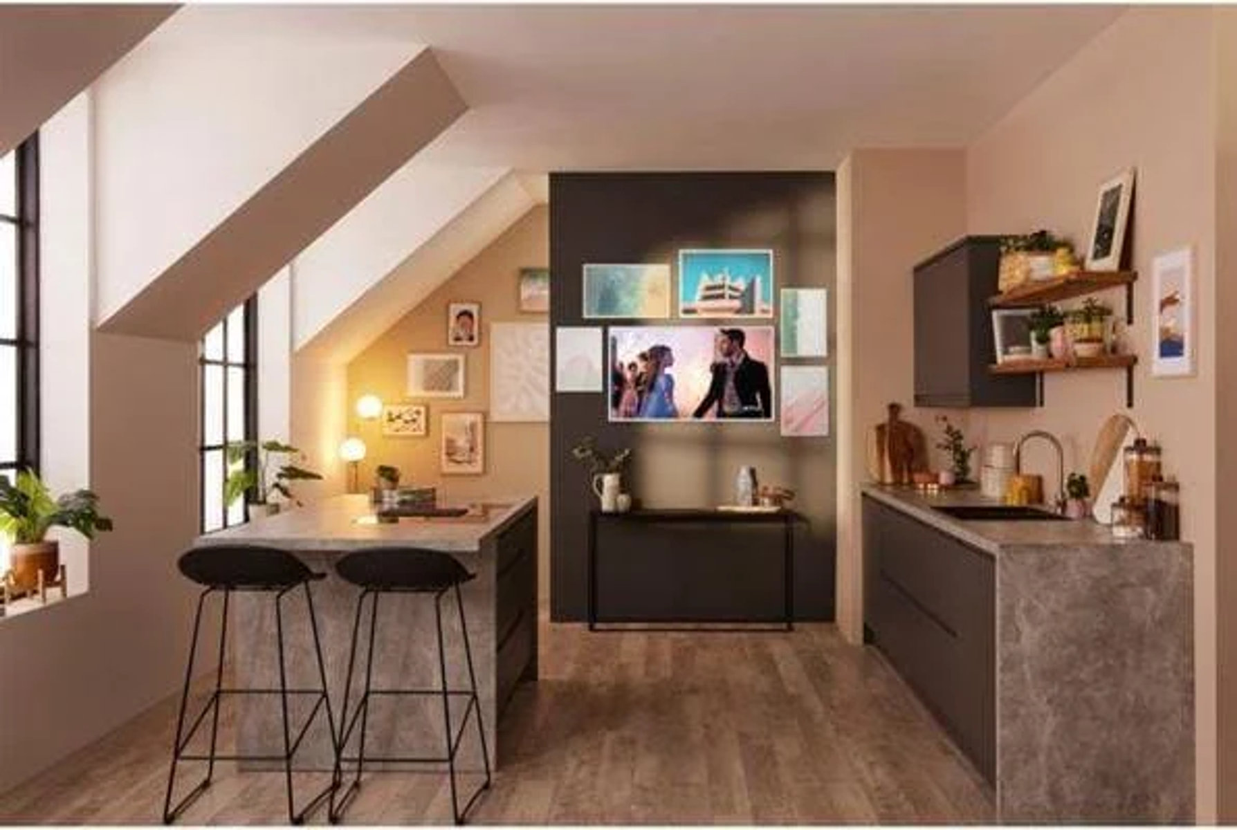 Kuchnia z telewizorem na ścianie, ladą z hokerami i wyspą kuchenną. Nowoczesny design.