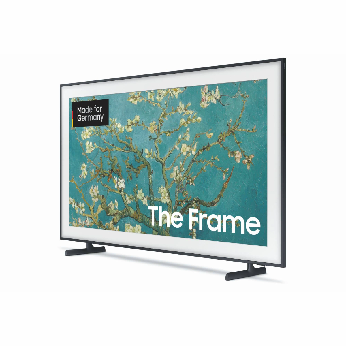 Czarny telewizor z obrazem na białej powierzchni.