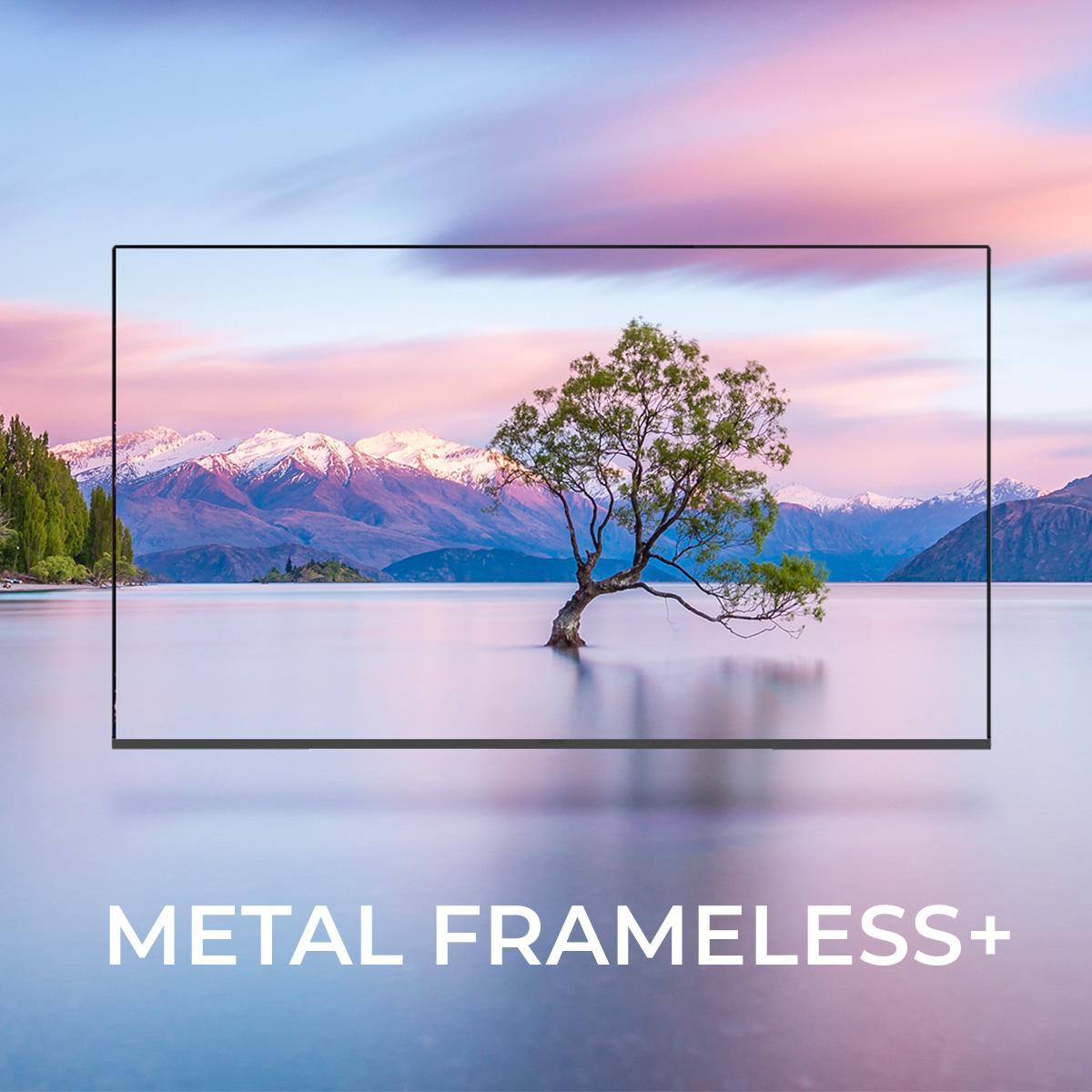 Ekran telewizora pokazujący malowniczy krajobraz z drzewem i górami. Tekst: METAL FRAMELESS+.