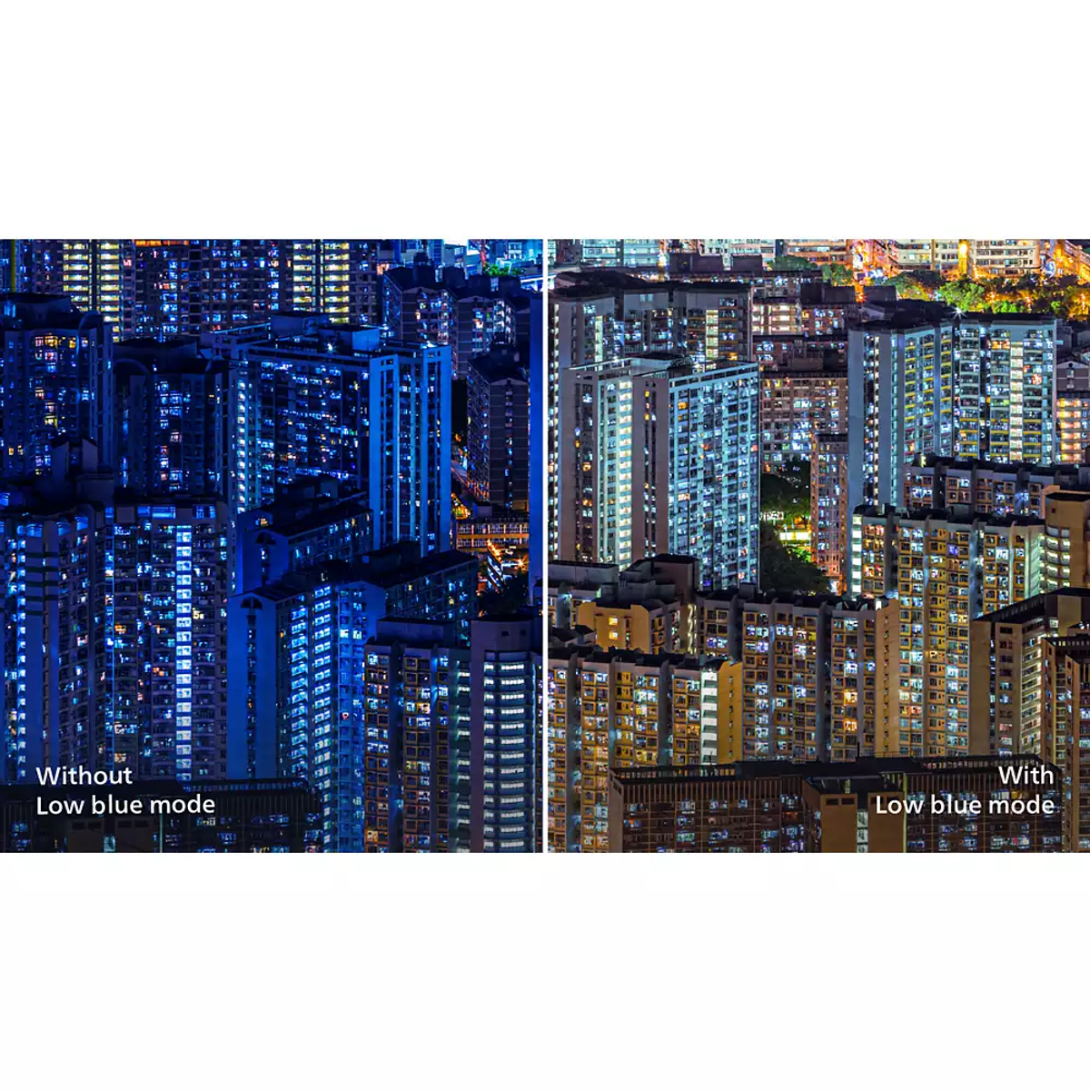 Podzielony obraz: miasto w nocy z i bez trybu niskiego światła niebieskiego, pokazujący różnice kolorów.