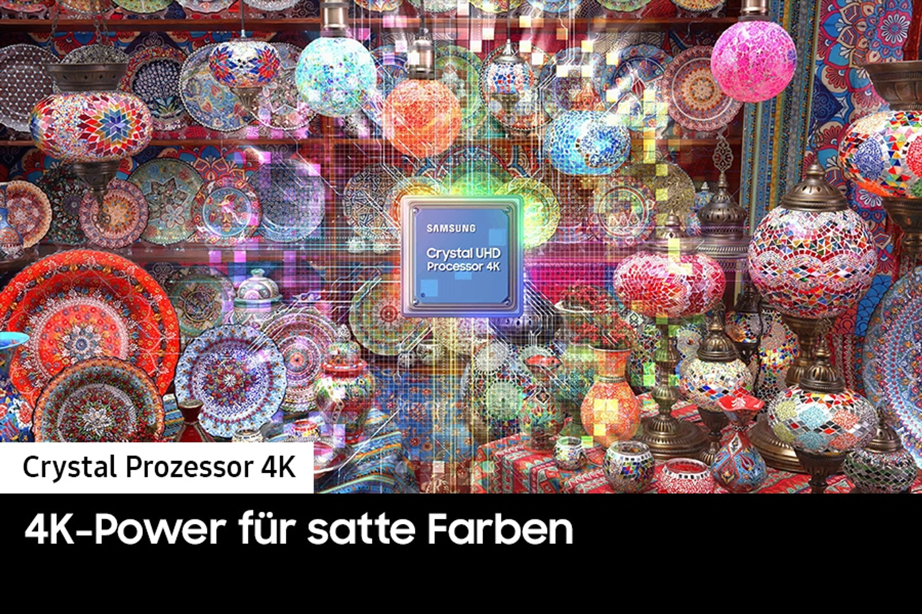 Kolorowe ustawienie ceramiki, ze znakiem Samsung Crystal Processor 4K pośrodku.