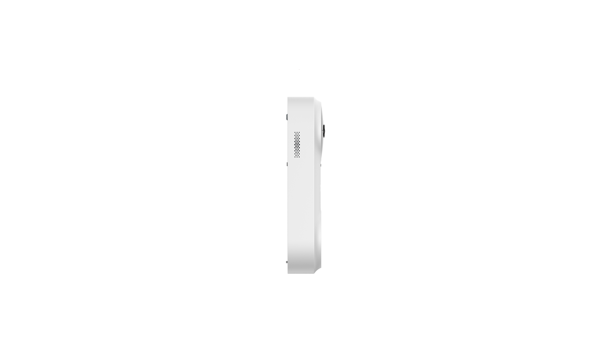 Weiße Türklingel mit schlankem Design, Seitenansicht.
