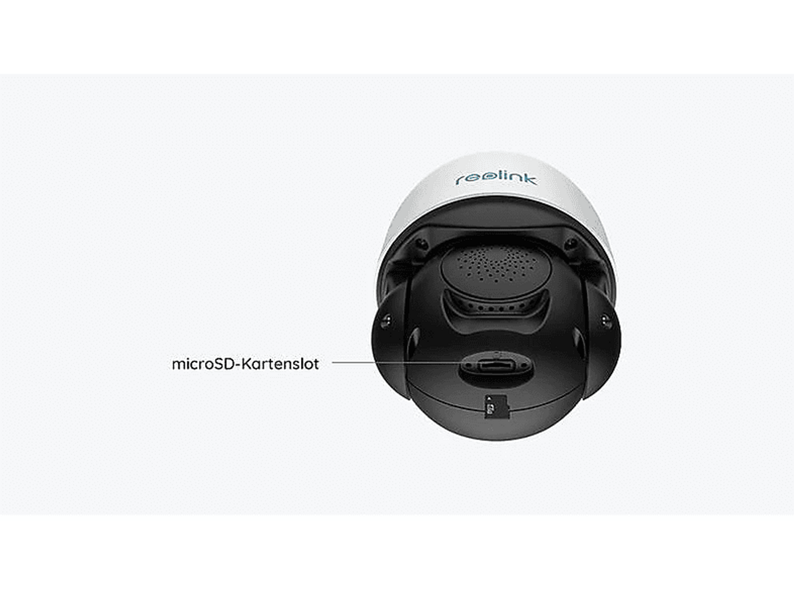 Reolink-Sicherheitskamera von unten mit Beschriftung microSD-Kartenslot.