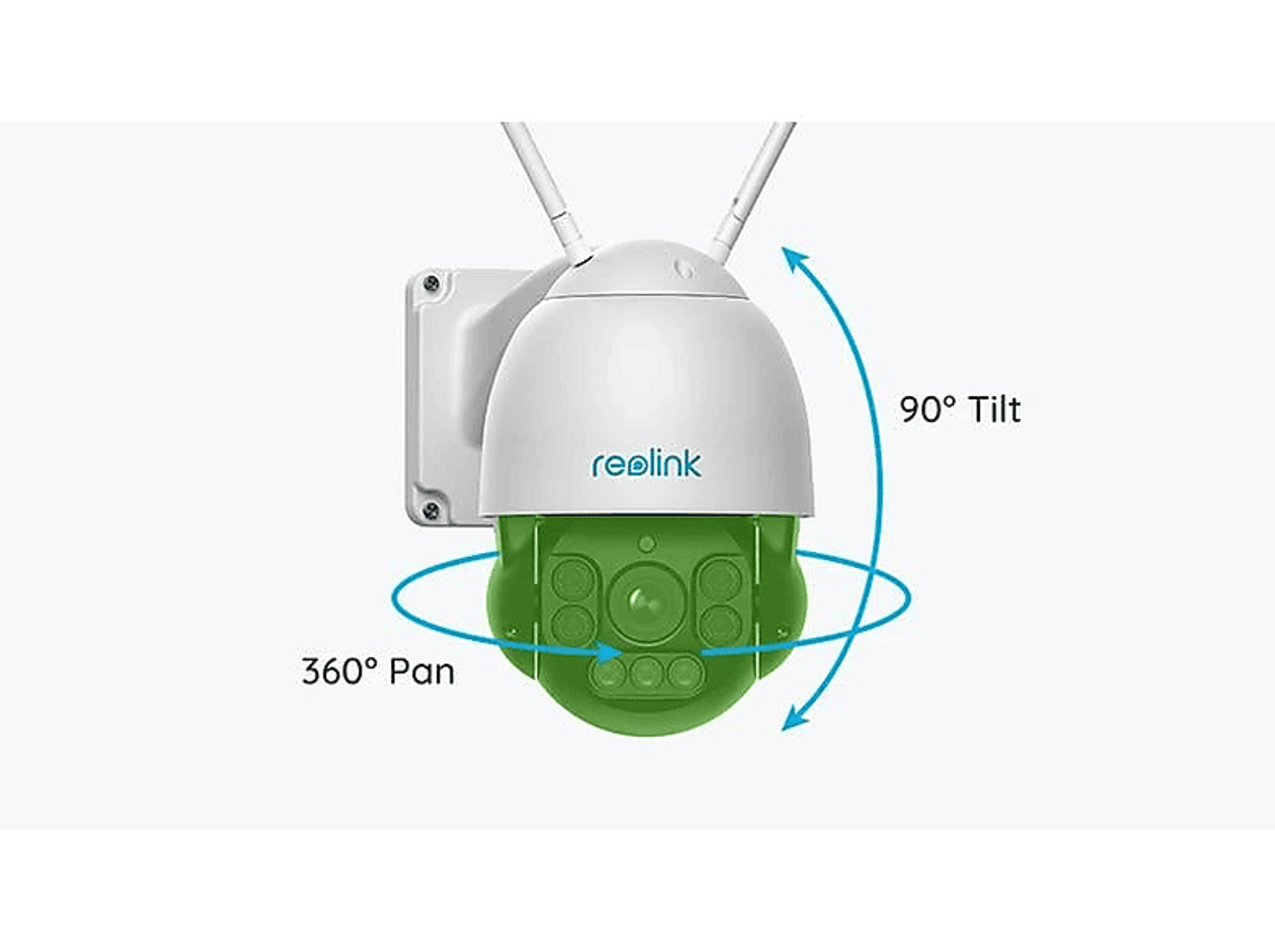 Eine weiße und grüne Überwachungskamera. Sie hat zwei Antennen und dreht sich um 360 Grad. Der Hintergrund ist weiß.