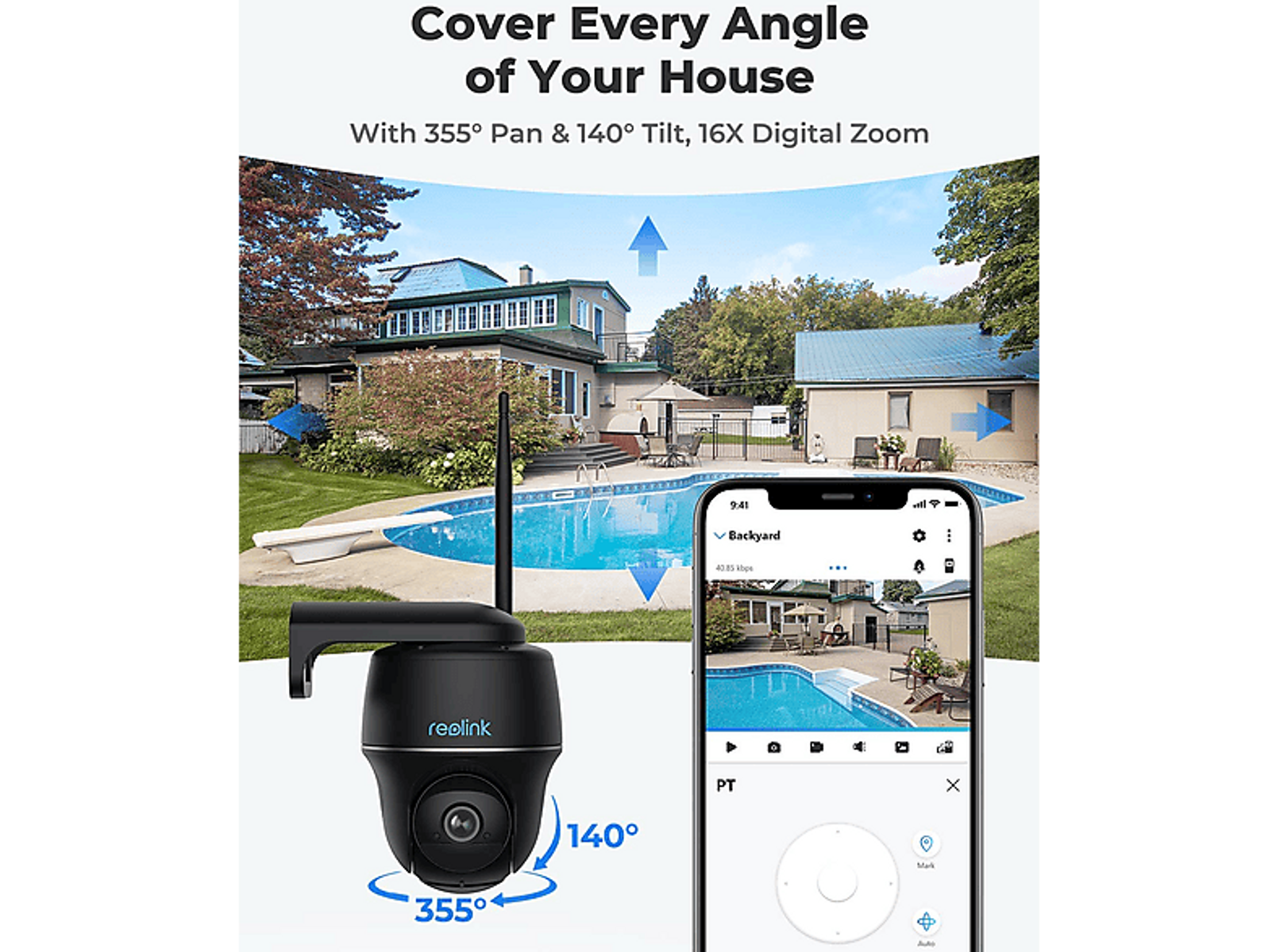 Eine Überwachungskamera zeigt auf Pool und Haus, mit Telefon, das die Ansicht zeigt.
