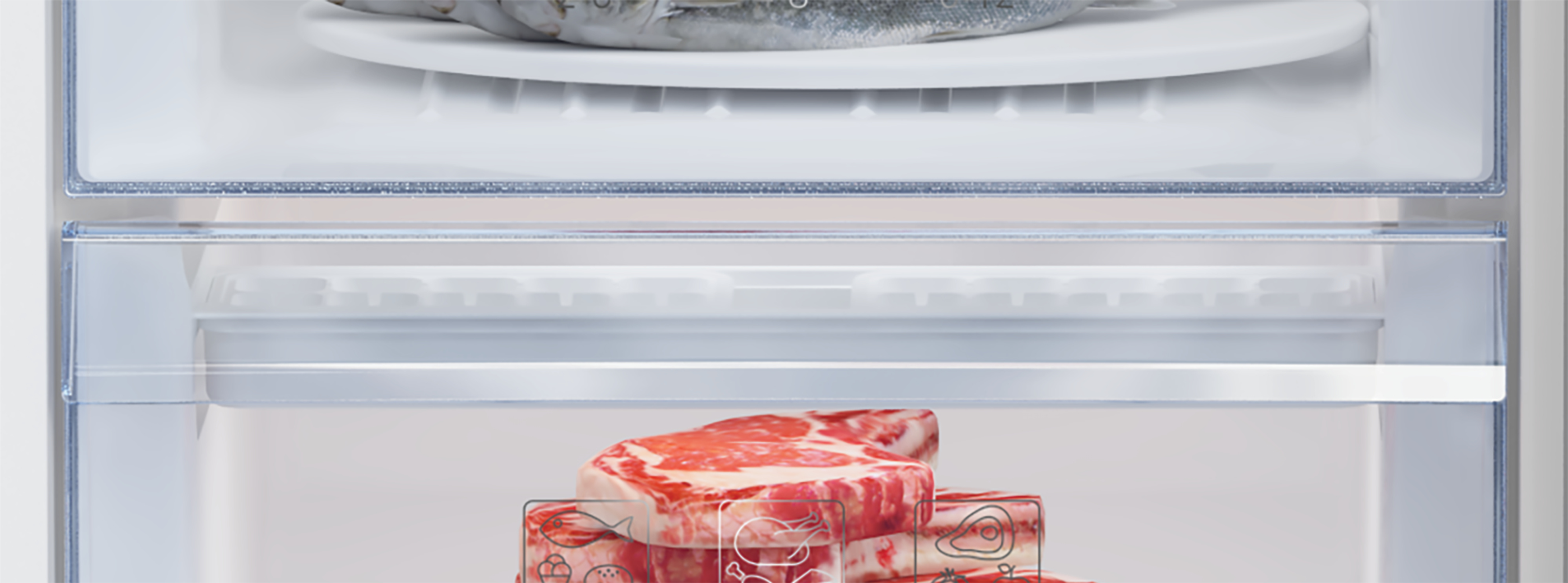 Interno del frigorifero con carne, un ripiano e un pesce. Il ripiano superiore contiene un piatto.