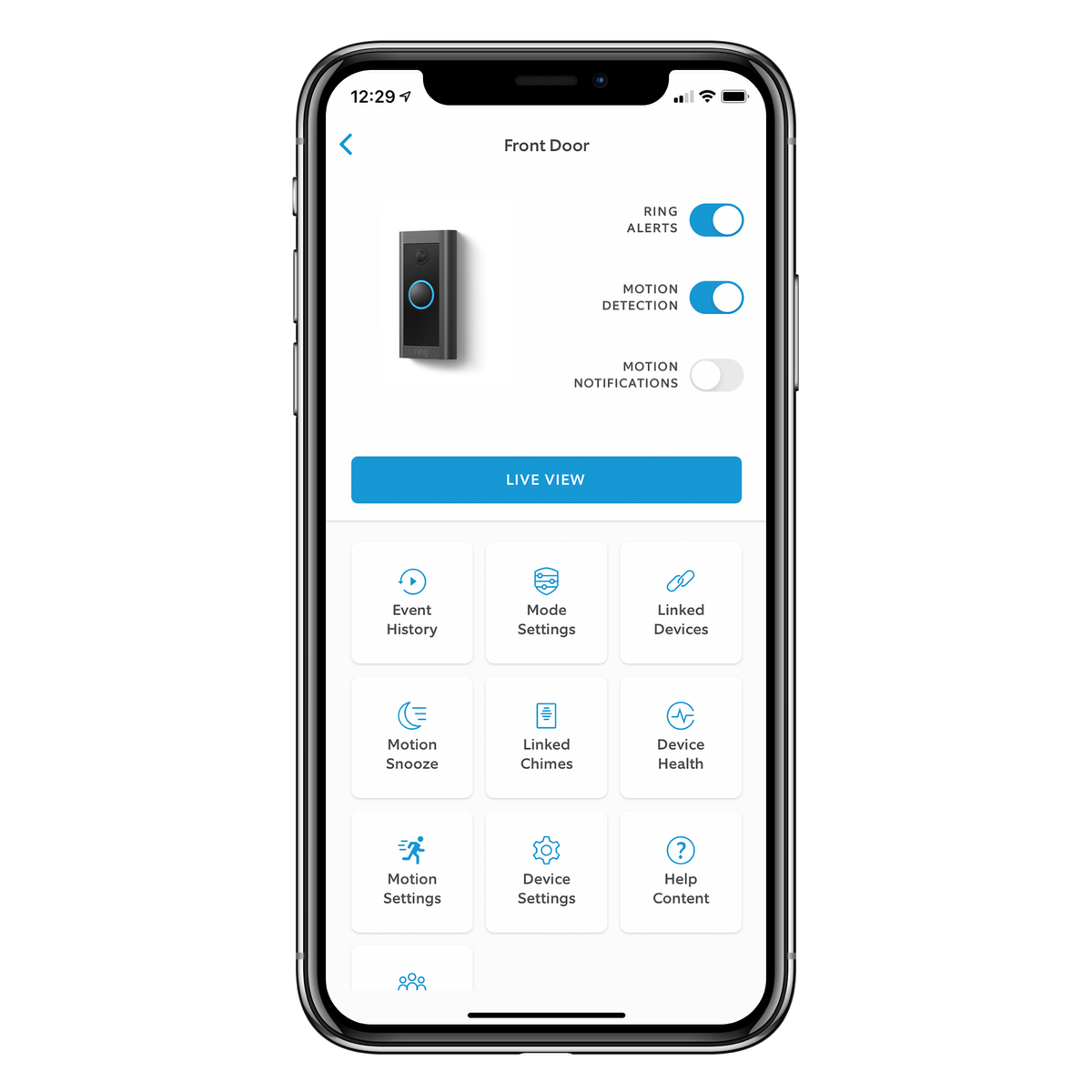 Handy-Bildschirm mit Ring-App-Einstellungen, einschließlich Benachrichtigungen.