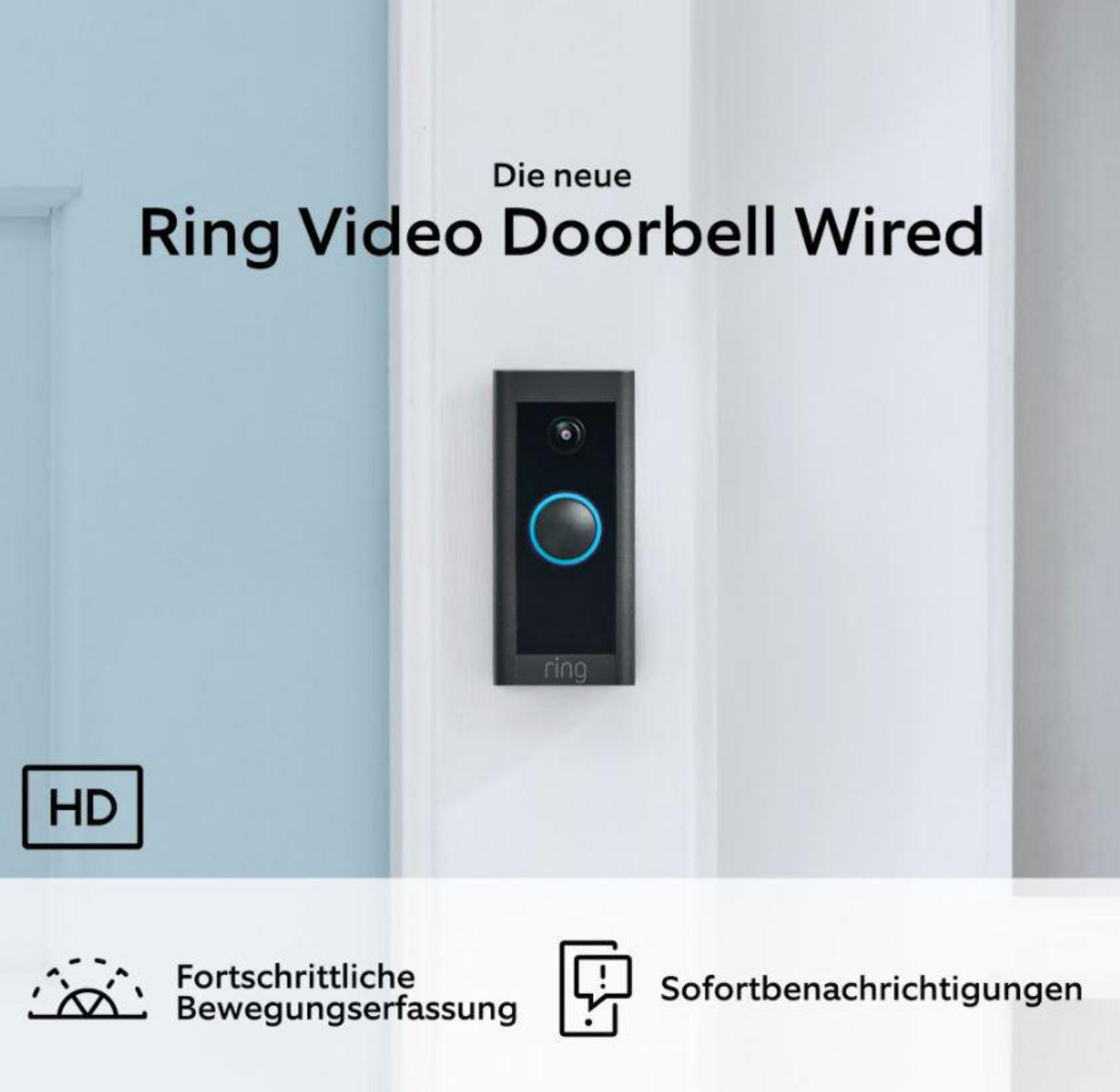Ring Video Doorbell Wired an einer weißen Tür, mit Text und Grafiken.