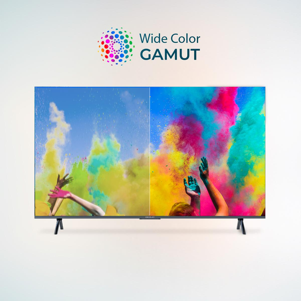 Ekran TV z wybuchem kolorowego proszku i dłońmi.