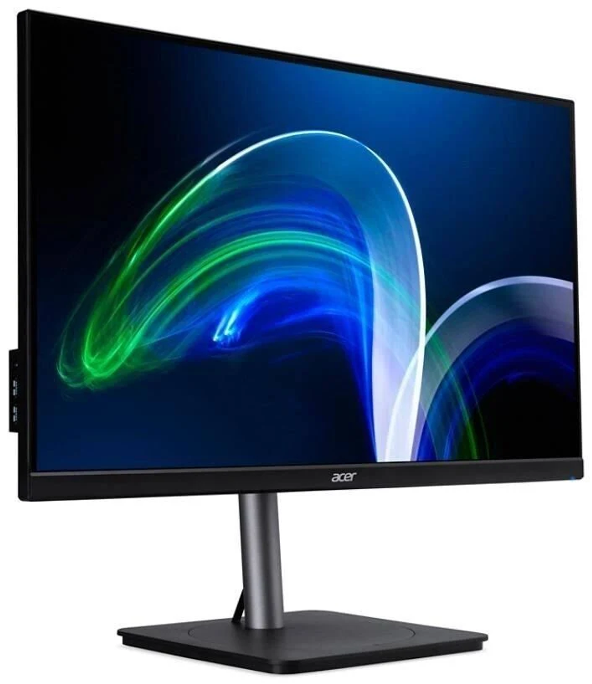 Black Acer monitor on a stand. Screen displays green and blue abstract shapes.