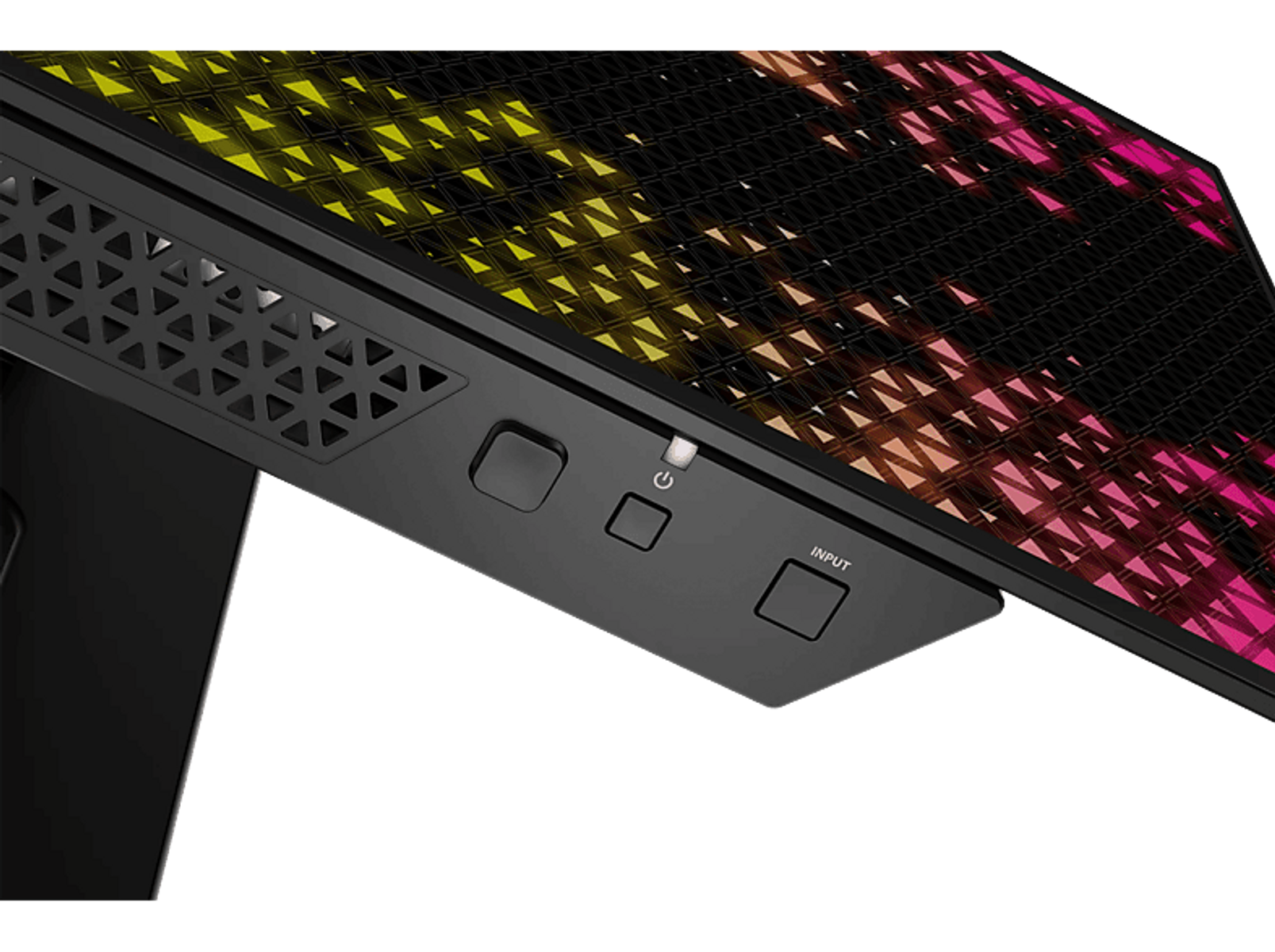 Zbliżenie czarnej strony urządzenia z przyciskami i wejściem zasilania.