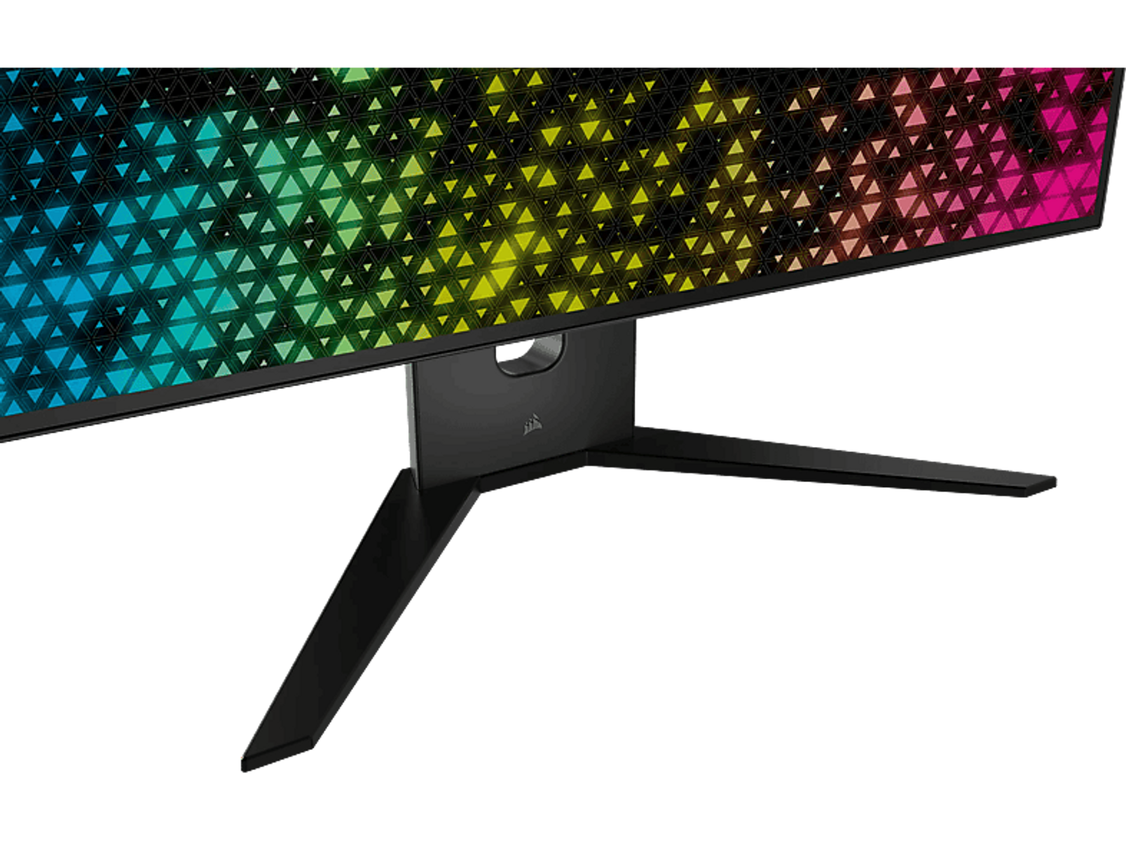 Czarny monitor komputera z kolorowymi światłami. Stojak również jest czarny. Czarne tło.