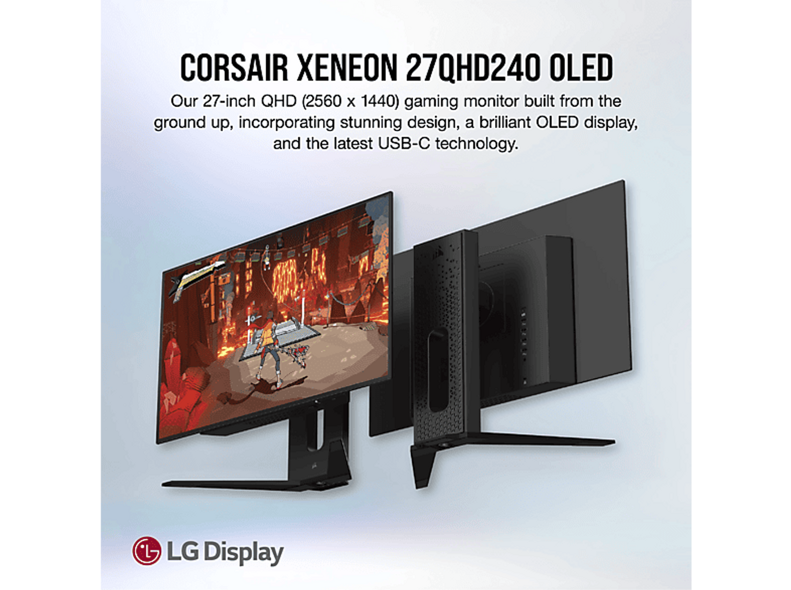 Dwa monitory komputerowe skierowane do widza. Jeden wyświetla grę, drugi tył.