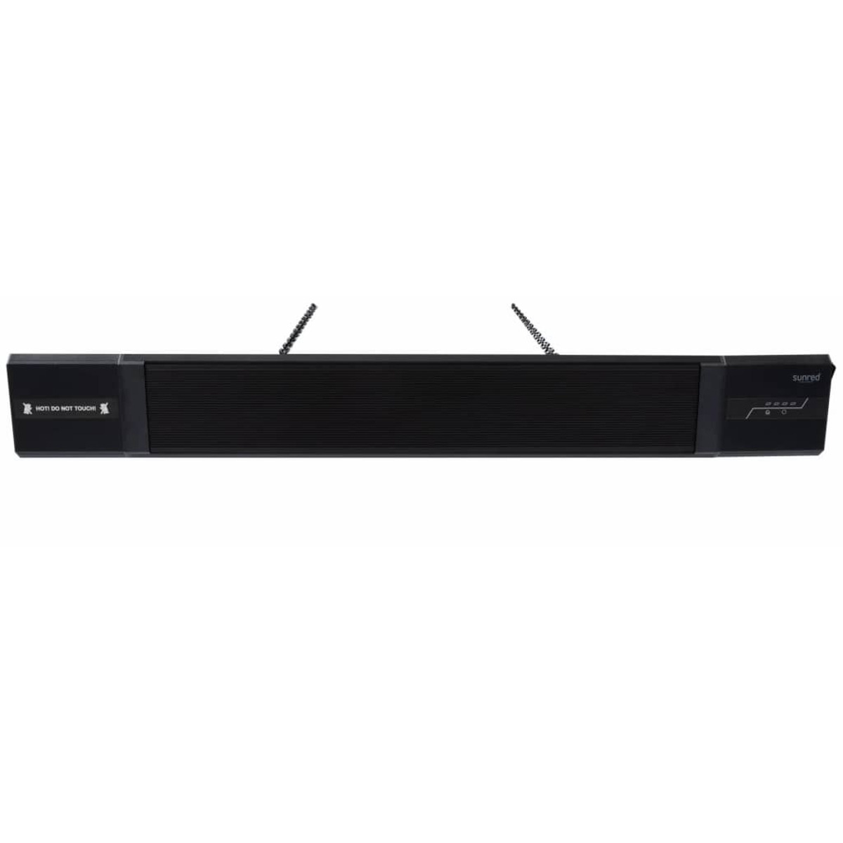 Black, rectangular Sunred heater. It has a warning label: HOT! DO NOT TOUCH.