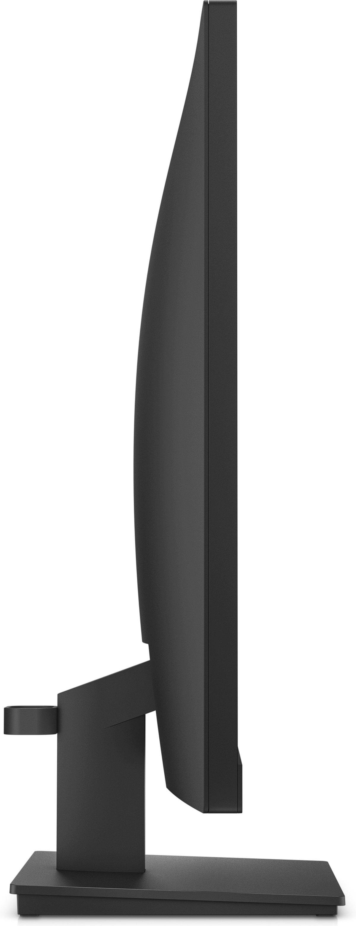 Una vista laterale di un monitor per computer nero con un supporto nero, su sfondo bianco.
