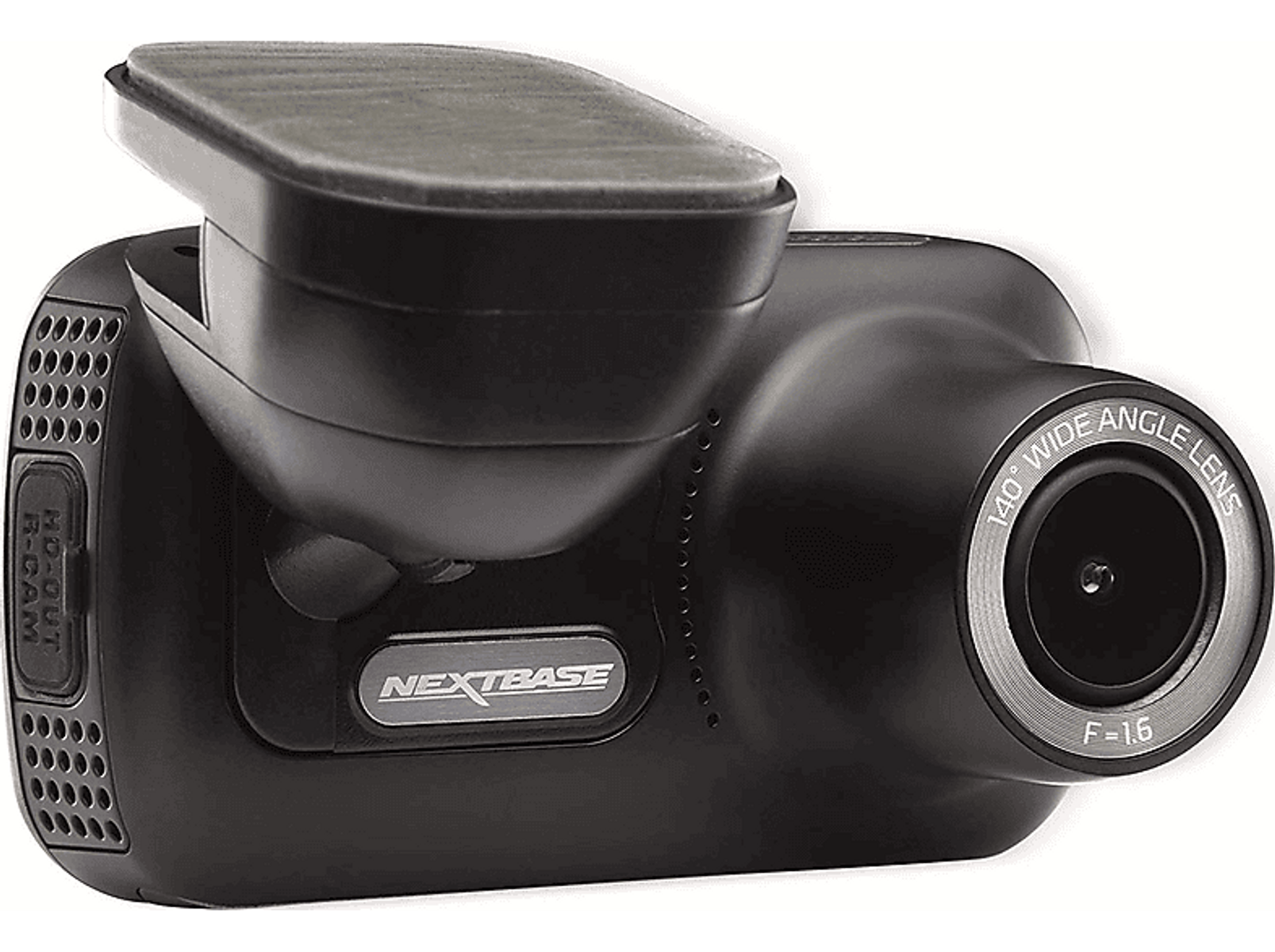 Schwarze Dashcam mit Weitwinkelobjektiv, auf weißem Hintergrund.