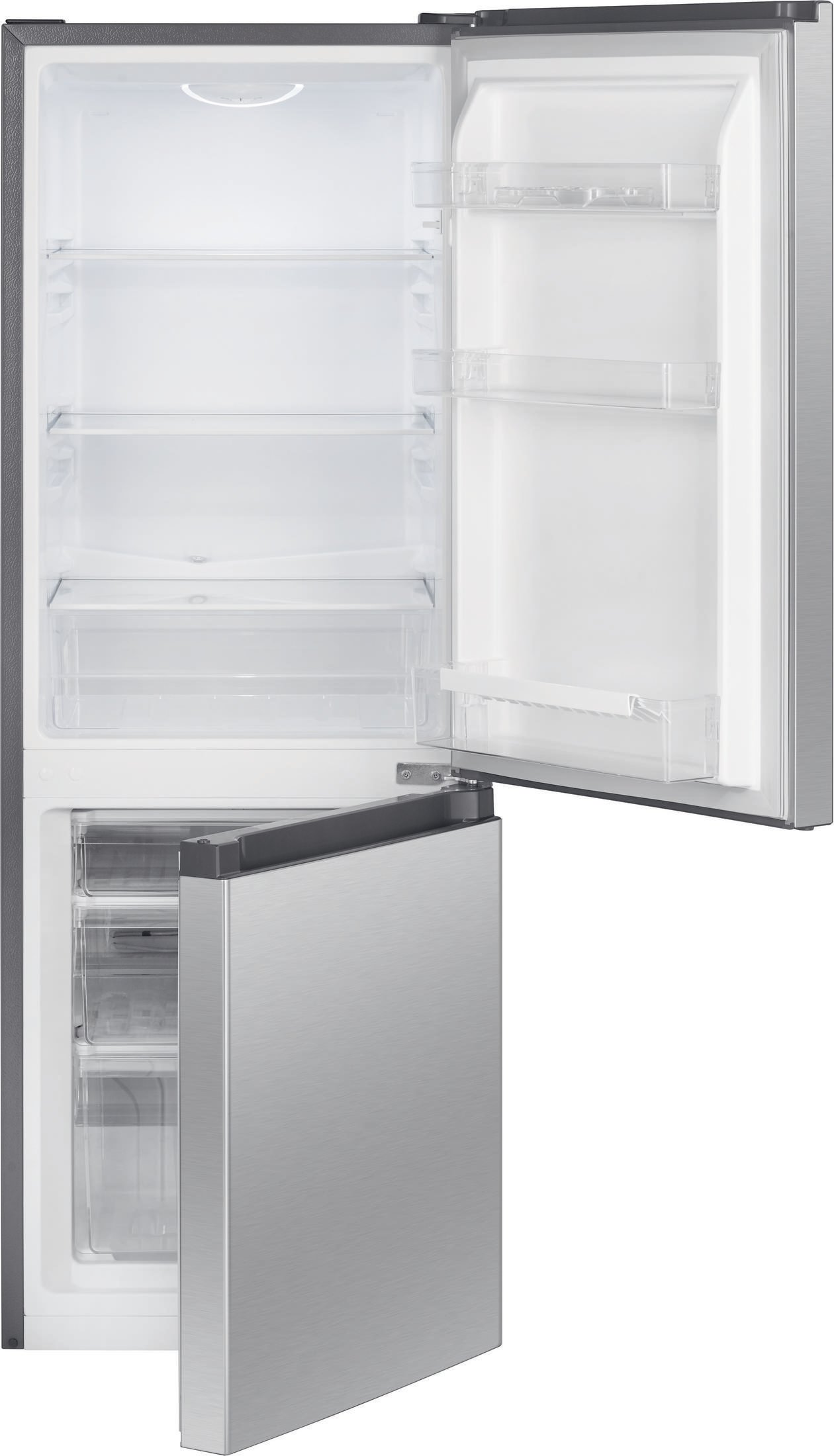 Un refrigerador con la puerta abierta, que muestra estantes y cajones en su interior.
