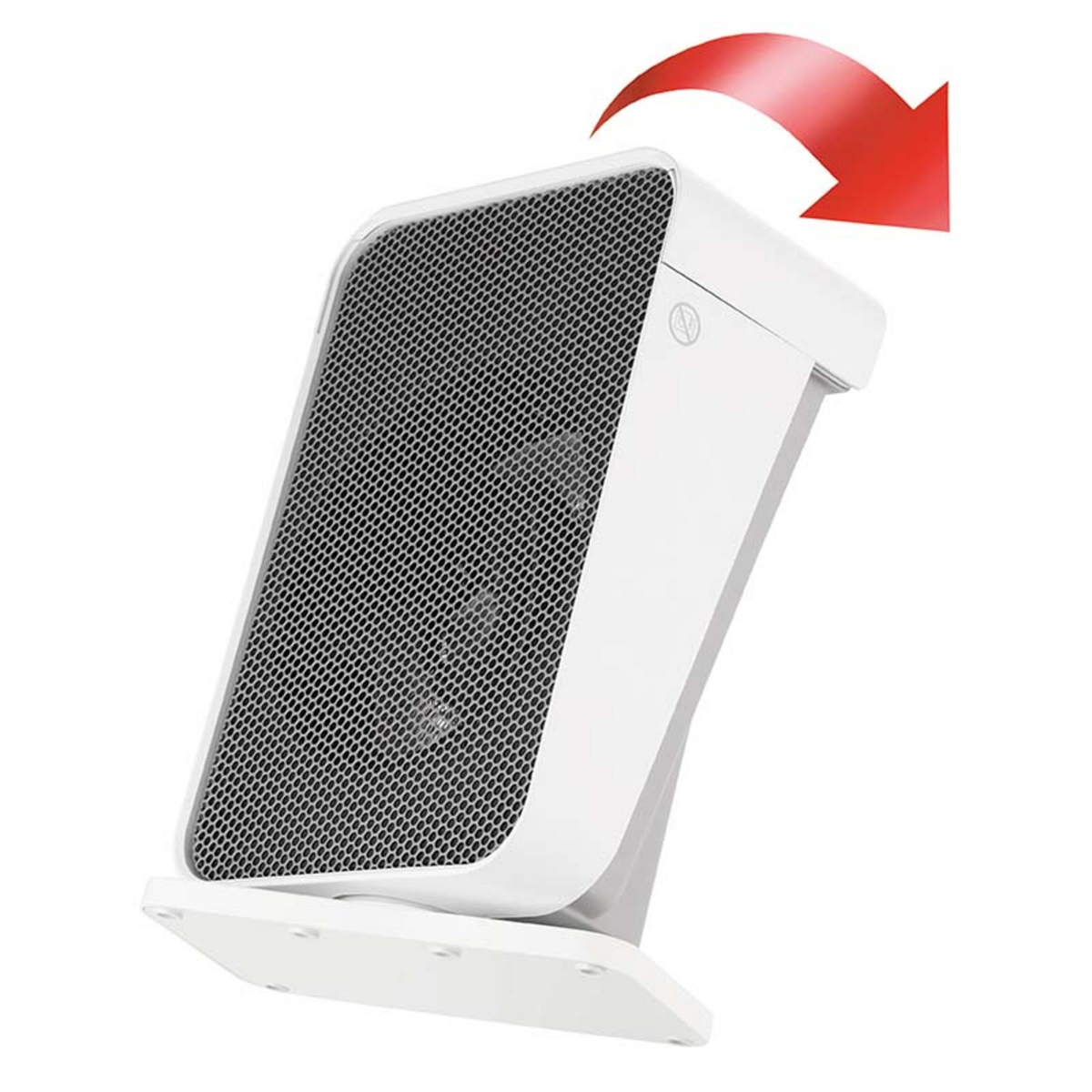 Biało-szary wentylator. Czerwona strzałka w górę. Przód wentylatora ma czarną siatkę.