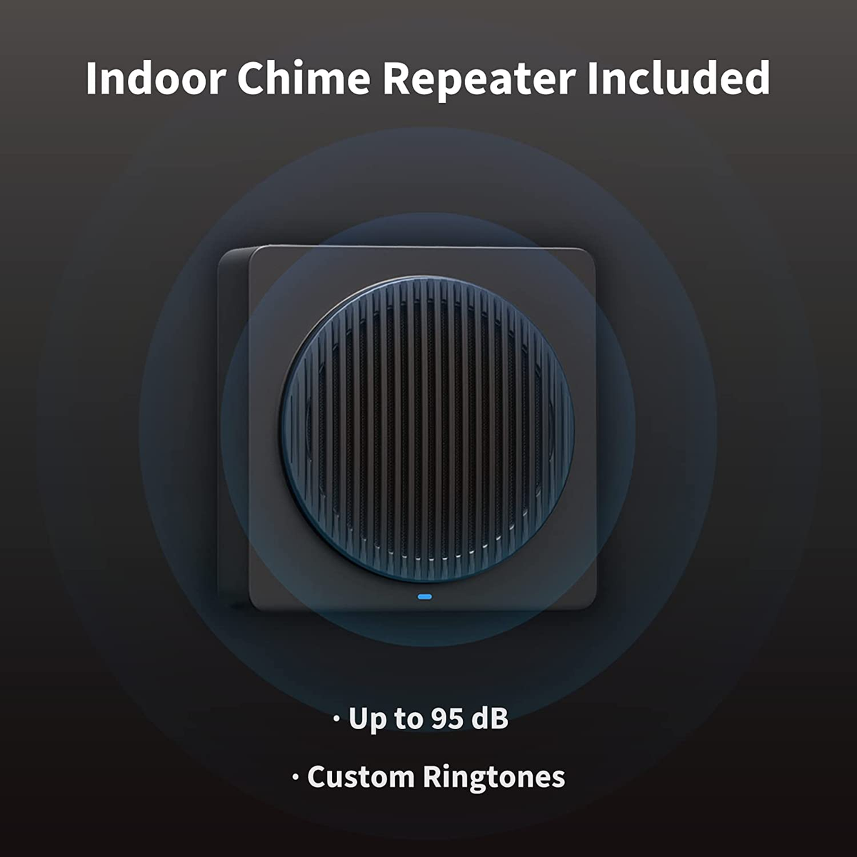 Ein schwarzer Indoor-Gong-Repeater. Der Text lautet: Bis zu 95 dB, Benutzerdefinierte Klingeltöne.