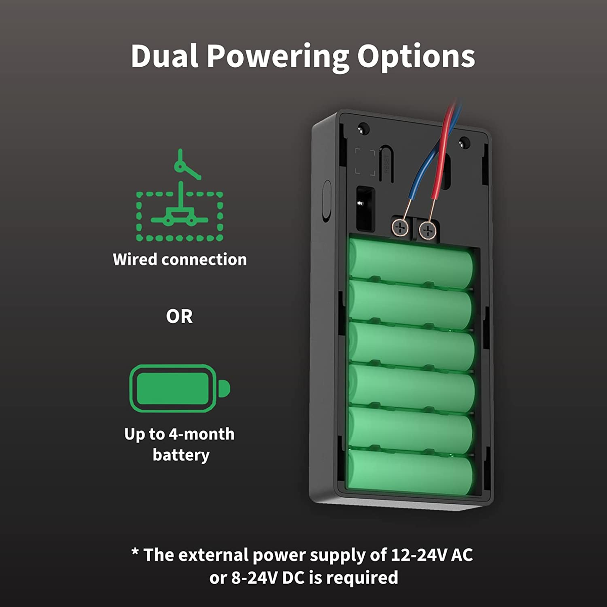 Video-Türklingel. Kabelanschluss oder Batterie. Grüne Batterien. Text: Duale Stromversorgungsoptionen.
