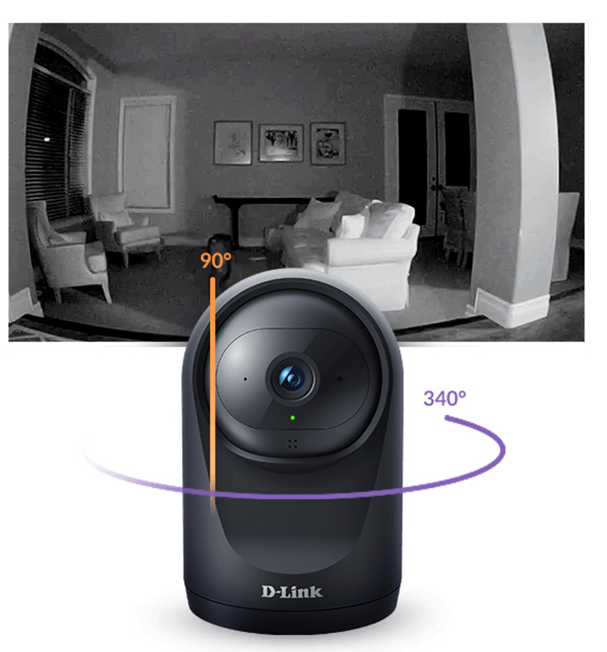 Una telecamera di sicurezza D-Link nera. La telecamera è su una base e sullo sfondo si vede una stanza.