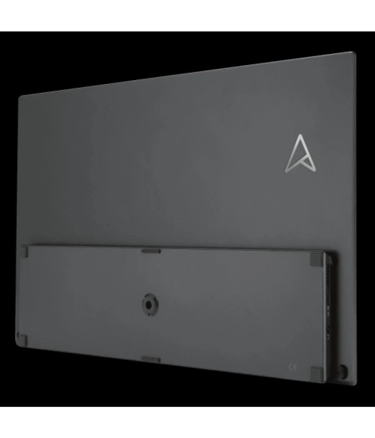 Tył ciemnoszarego telewizora ze srebrnym logo na czarnym tle.