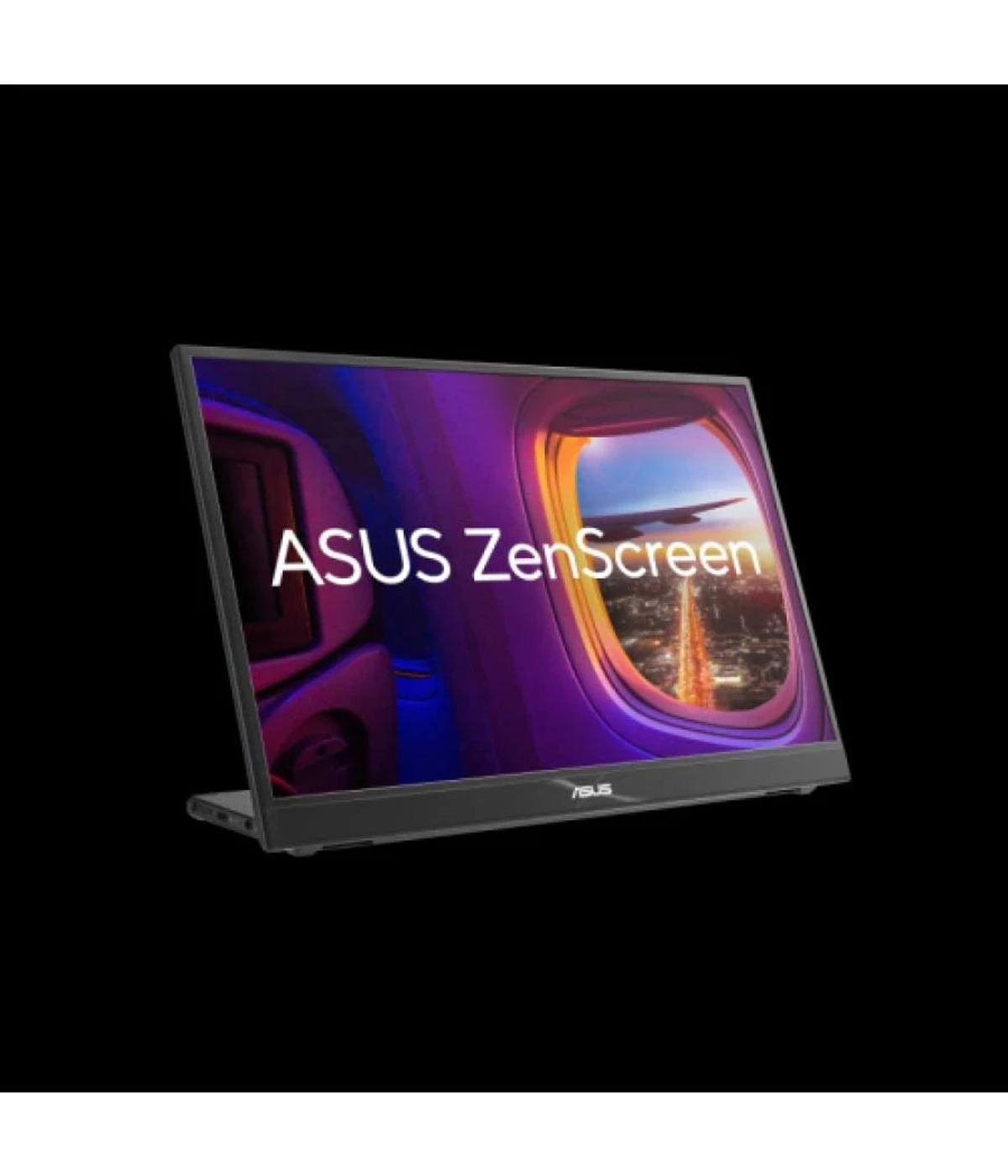 Czarny monitor Asus ZenScreen. Ekran wyświetla obraz skrzydła samolotu i chmur.