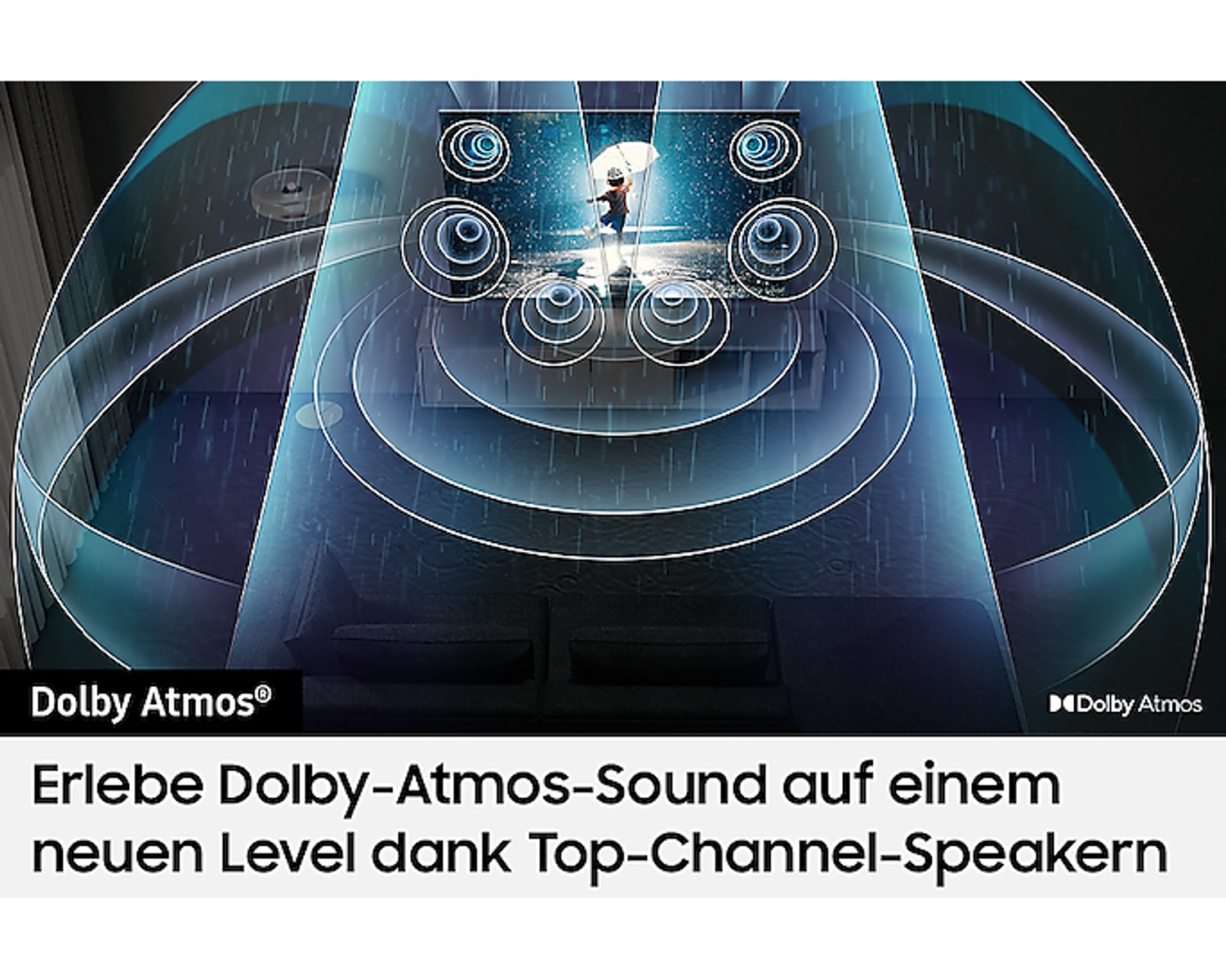 Ekran telewizora pokazujący osobę w deszczu z grafiką fal dźwiękowych i logo Dolby Atmos.