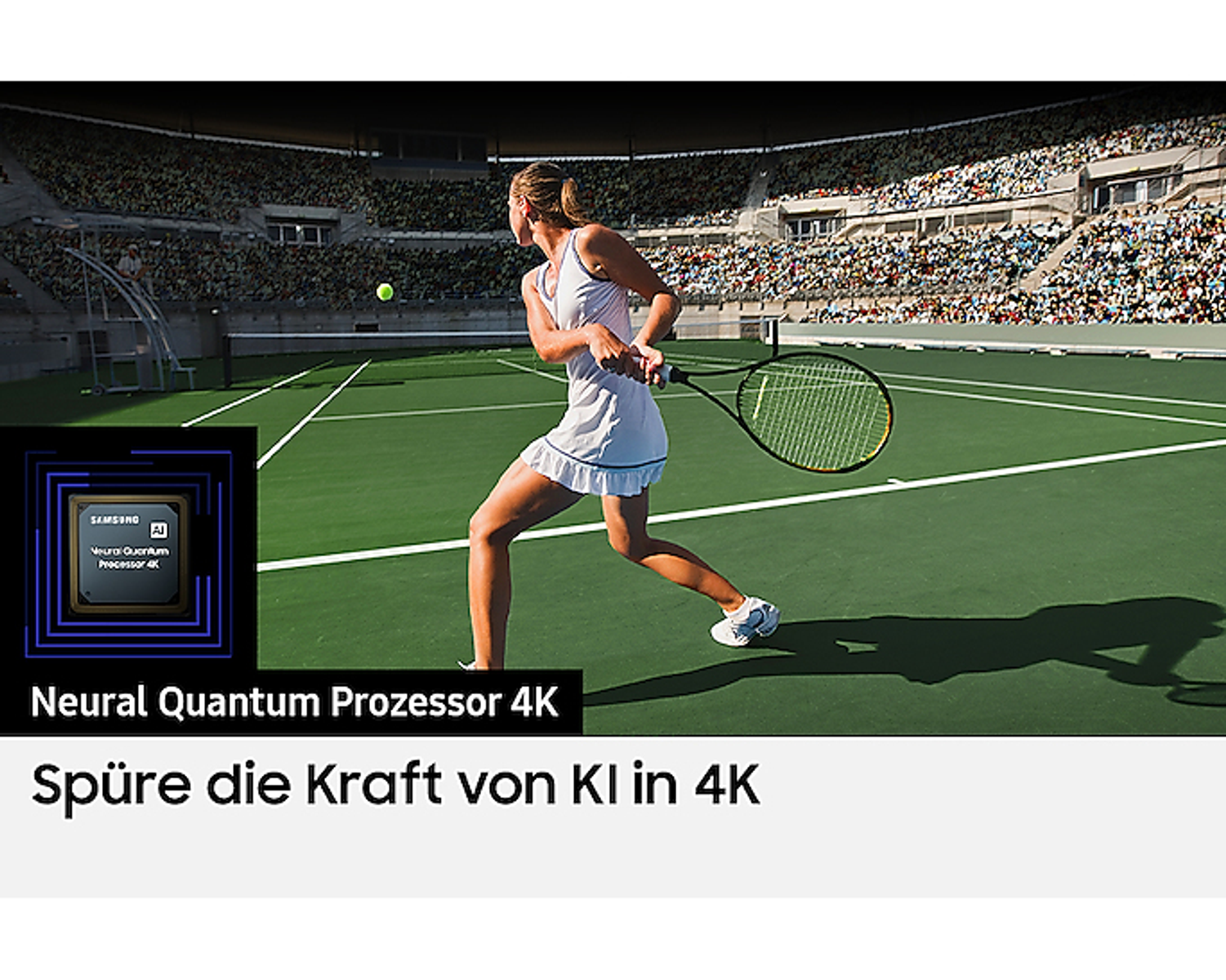 Kobieta grająca w tenisa, piłka tenisowa w powietrzu i stadion w tle.